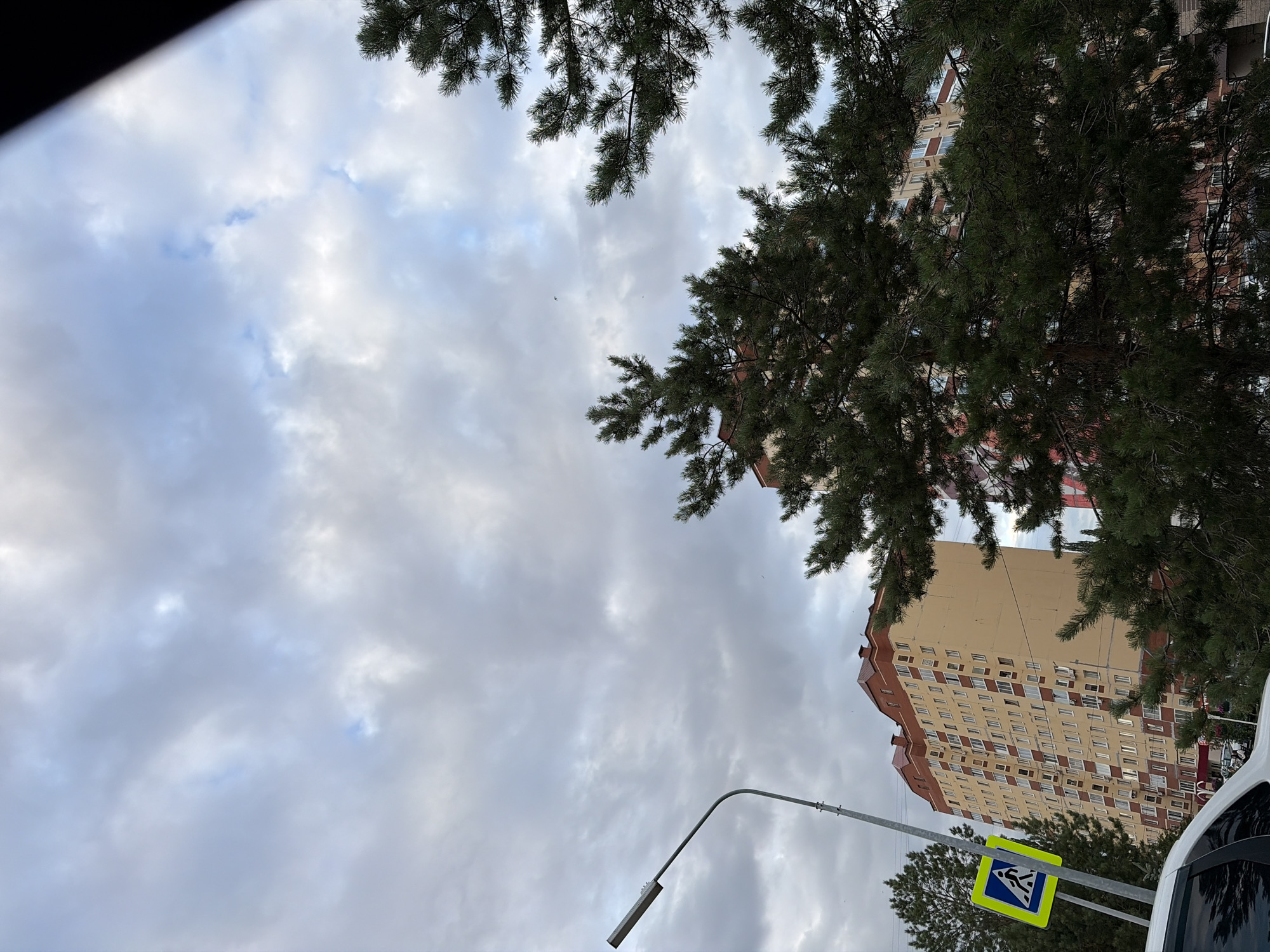 The image captures a street scene in Ufa, Russia, under a cloudy sky, likely during the daytime. The foreground is dominated by the branches of a pine tree, partially obscuring a modern, tall apartment building. The building itself has a tan facade with a red-tiled roof and numerous windows, suggesting a residential area. In the lower right portion of the frame, the top of a white vehicle is visible, and a streetlamp with a rectangular light fixture extends from the left side of the image. A yellow and blue pedestrian crossing sign is also present. The clouds are heavy and gray, indicating overcast weather, but there are hints of blue sky peeking through in some areas. The overall mood is somewhat subdued due to the weather. There is no visible text in the image.