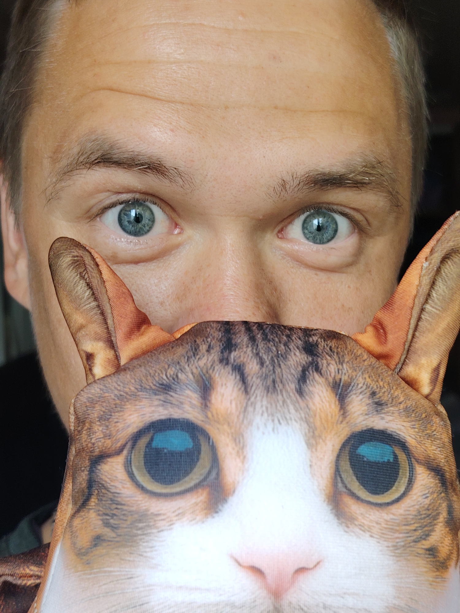 A man's face is framed by a novelty cat mask, with only his eyes visible above it. The man has short, light brown hair and pale skin with freckles. His eyes are blue and wide, looking directly at the camera. The cat mask is orange, white, and black, featuring large, cartoonish eyes and pointy ears that emerge on either side of the man's face. The background is dark and out of focus, suggesting an indoor setting. The image does not provide any information about its location in Chaikovsky, Russia.
