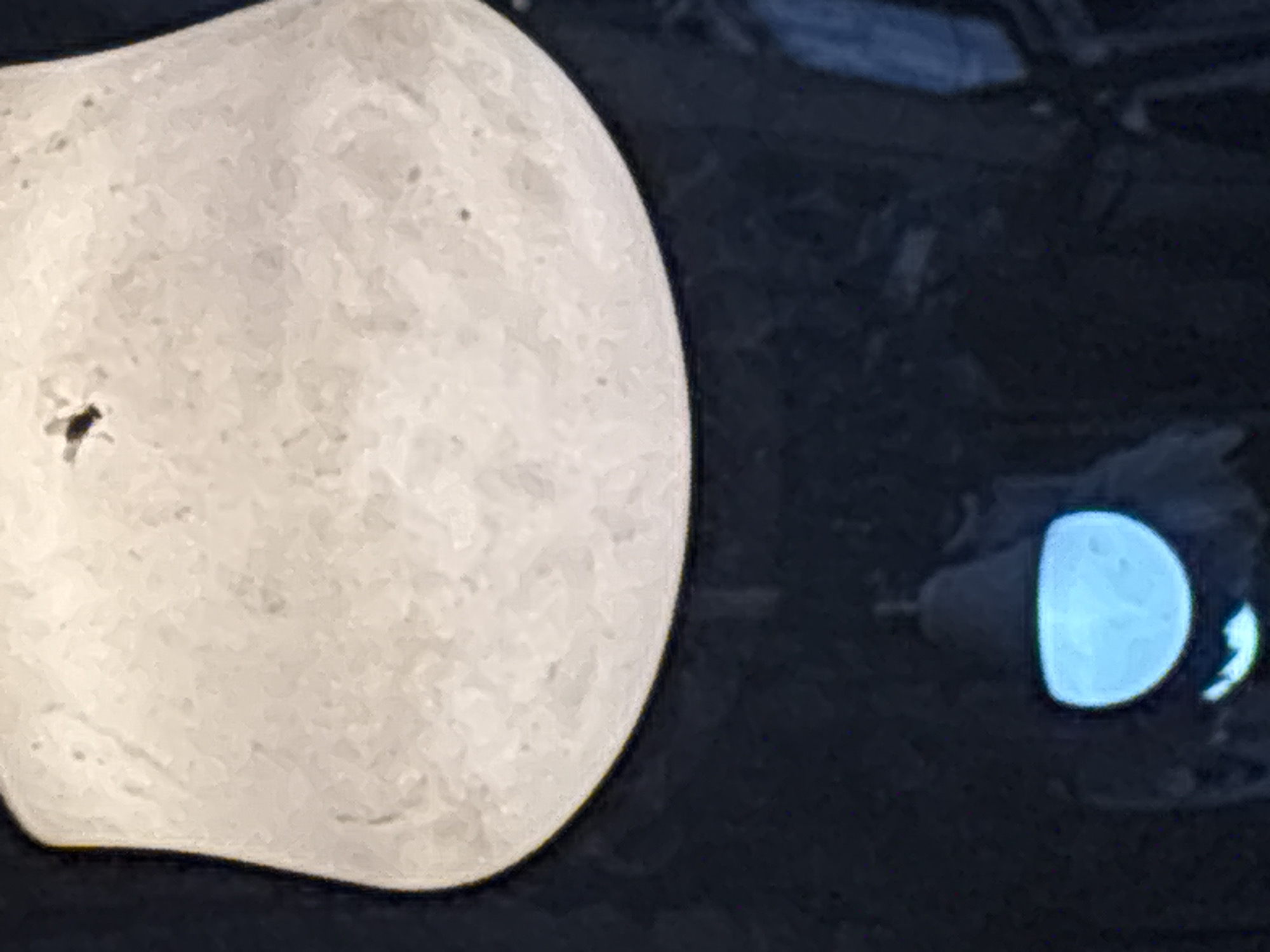 A close-up, low-resolution, indoor shot depicts a large, textured, light-colored object dominating the upper half of the frame. This object appears to be a lampshade or a similar diffuse light source, possibly textured like a globe or a stylized moon, with a dark, irregularly shaped silhouette near its top center. The lower half of the image is predominantly dark, with a blurry, bell-shaped object emitting a bright blue light. This blue-lit object, possibly a smaller lamp or fixture, is positioned in the lower center of the frame and casts a faint, distorted reflection below it. The overall scene suggests an ambient lighting setup within a room, with the larger object serving as a primary light diffusion surface and the smaller blue light providing an accent. No people or specific city landmarks are identifiable.