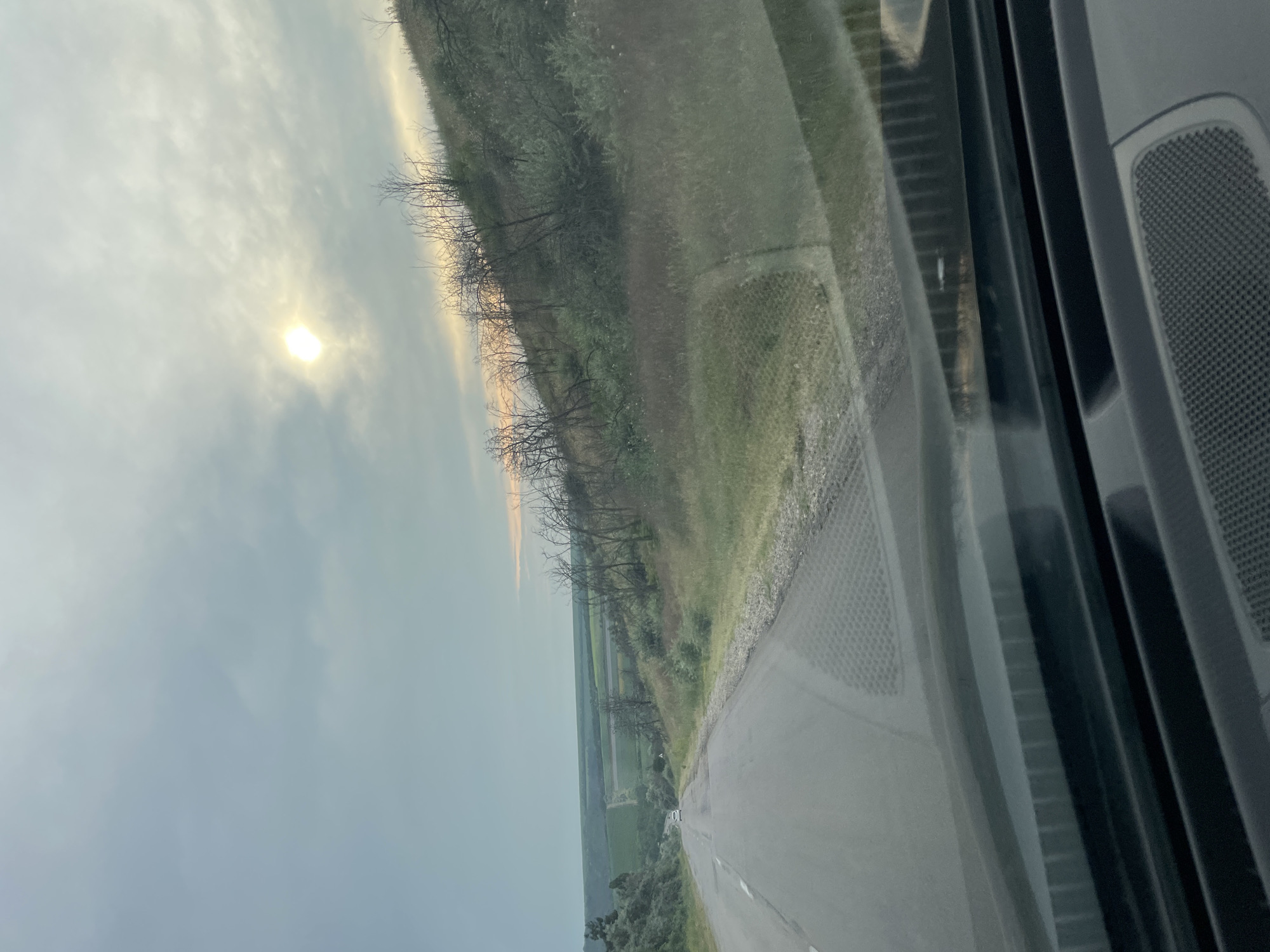 The image depicts a scenic view from a vehicle, likely a car, as evidenced by the dashboard and speaker visible on the right side of the frame. The perspective is from inside, looking out through the windshield.
The primary subjects are a landscape and the sky. A winding asphalt road is seen in the foreground, curving to the right. To the left of the road, a steep embankment covered with sparse vegetation and bare trees rises. Beyond the embankment, a vast, flat landscape stretches to the horizon, dotted with agricultural fields in various shades of green.
The sky is overcast with diffused sunlight, suggesting it is either early morning or late afternoon. The sun is a bright, hazy orb visible in the upper left quadrant of the image. The weather appears to be calm, with no strong winds or precipitation indicated.
Notable details include the reflections on the windshield, which obscure parts of the landscape and create a layered effect. The texture of the road surface and the details of the vegetation on the embankment are discernible. The presence of a small white car is visible in the distance on the road.
There is no visible text in the image. The overall mood conveyed is one of travel and contemplation of a natural, somewhat muted landscape. The location is identified as Tartaul de Salcie, Moldova.