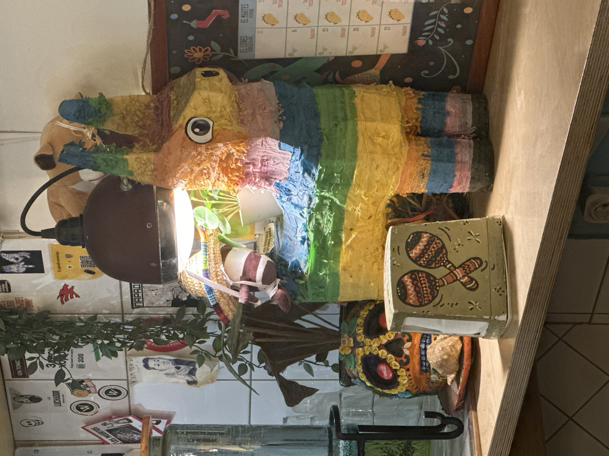 This media file captures a vibrant, Mexican-themed interior scene, likely in a restaurant or cafe in Novosibirsk, Russia. The central focus is a colorful, rainbow-striped donkey-shaped piñata, brightly illuminated by a brown-shaded desk lamp on the left. Behind the piñata, a small plush toy head is partially visible.
To the right of the piñata is a light green wooden napkin dispenser painted with two maracas and star designs. Below it, a decorative, multi-colored Day of the Dead sugar skull sits, possibly a vase or bowl, adorned with a small seashell and a Coca-Cola logo. Further to the left, green leafy plants are draped, adding to the decor. A clear glass pitcher or dispenser is visible at the bottom.
The background wall is tiled white and heavily adorned with a variety of stickers and posters. Visible text includes "GIN TONIC", "LUCHADOR", "LOS MUERTOS", and a sticker in Russian stating "Люди хвалит это место" (People praise this place), confirming the location context. Other Russian texts like "2GIS", "КИМ ЧЕН Ы" (Kim Jong Un) on a caricature, "ПАРАД" (Parade), and "В одной команде" (In one team) are also present. A QR code and some French text "POUSSER ICT POUR BEMPL" (likely instructions for a dispenser) can also be seen. A calendar-like poster above the piñata displays days like "EL LUNES", "EL MARTES", and "TUESDAY", with small taco icons and numbers (e.g., 30, 31, 6, 13, 20, 27). The entire arrangement rests on a light wooden counter. The strong artificial light suggests an evening setting or an indoor space where such illumination is key to the ambiance. The decor evokes a festive and casual atmosphere.