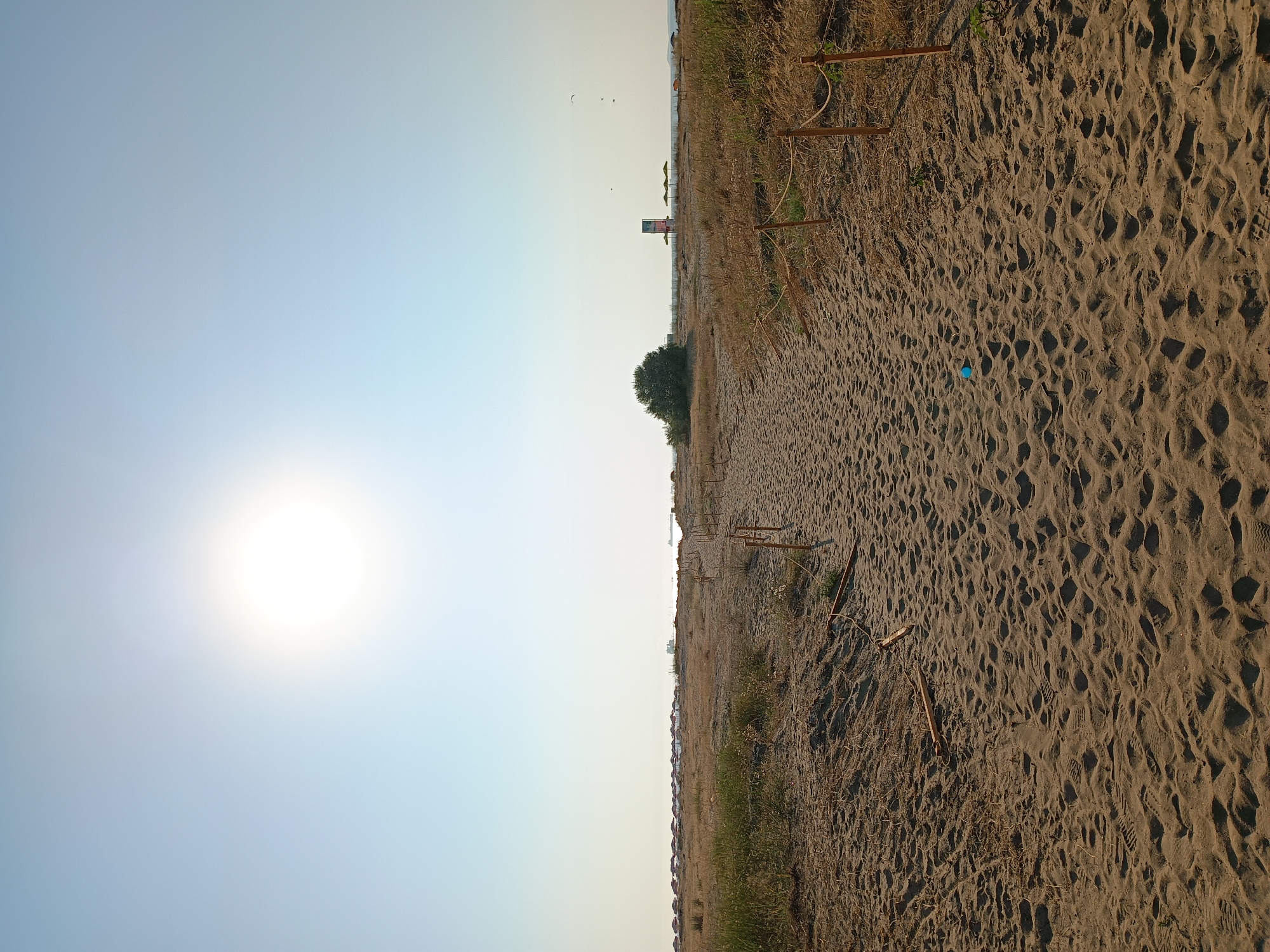 The image depicts a sandy path leading towards the sea, likely on a beach in Burgas, Bulgaria. The sun is high in the sky, casting a bright light and a soft haze over the scene. The path is marked by wooden posts and rope railings on either side, suggesting it is a designated walkway. The sand is textured with footprints, indicating recent human activity. To the left and right of the path, dry grass and sparse vegetation grow. In the distance, a line of beach umbrellas can be seen, along with a lifeguard tower and some trees. The sea is visible on the horizon, with a clear sky above. There are no people clearly visible in the frame, but the presence of footprints and beach infrastructure suggests a populated area. The overall atmosphere is tranquil and evokes a sense of a bright, sunny day at the beach.