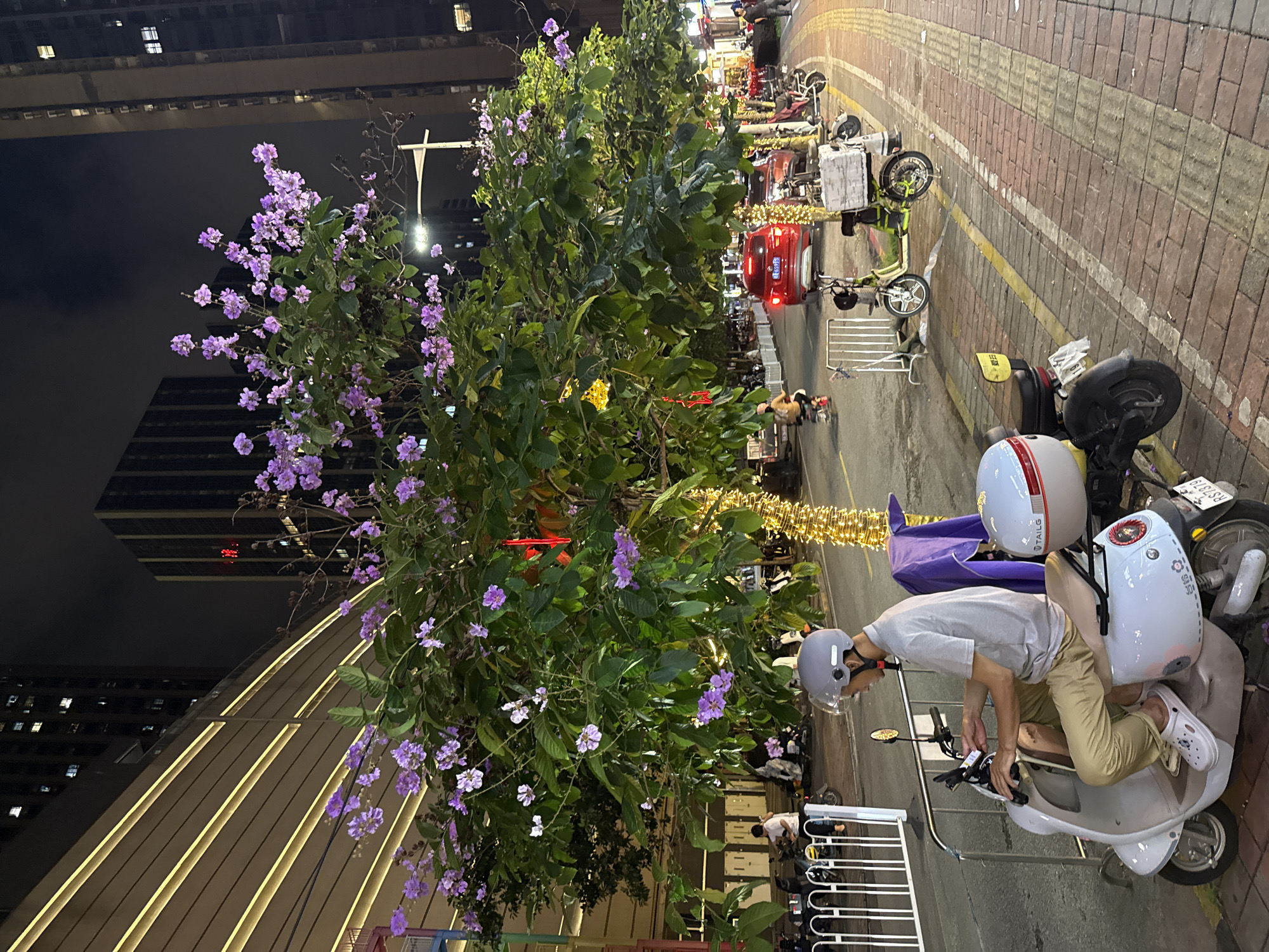 A nighttime urban scene in Haizhu District, China, shows a street lined with buildings and decorated with lights. The buildings are tall, with lit windows visible in the darkness, and a structure with illuminated vertical stripes. A large tree with purple flowers dominates the left side of the frame.
The street features a brick-patterned sidewalk and an adjacent road with parked scooters and a red car. A man wearing a helmet sits on a scooter, interacting with the vehicle's controls. Other scooters are parked nearby, some equipped with top cases.
The overall impression is a vibrant urban setting at night, with elements of street life and transportation.