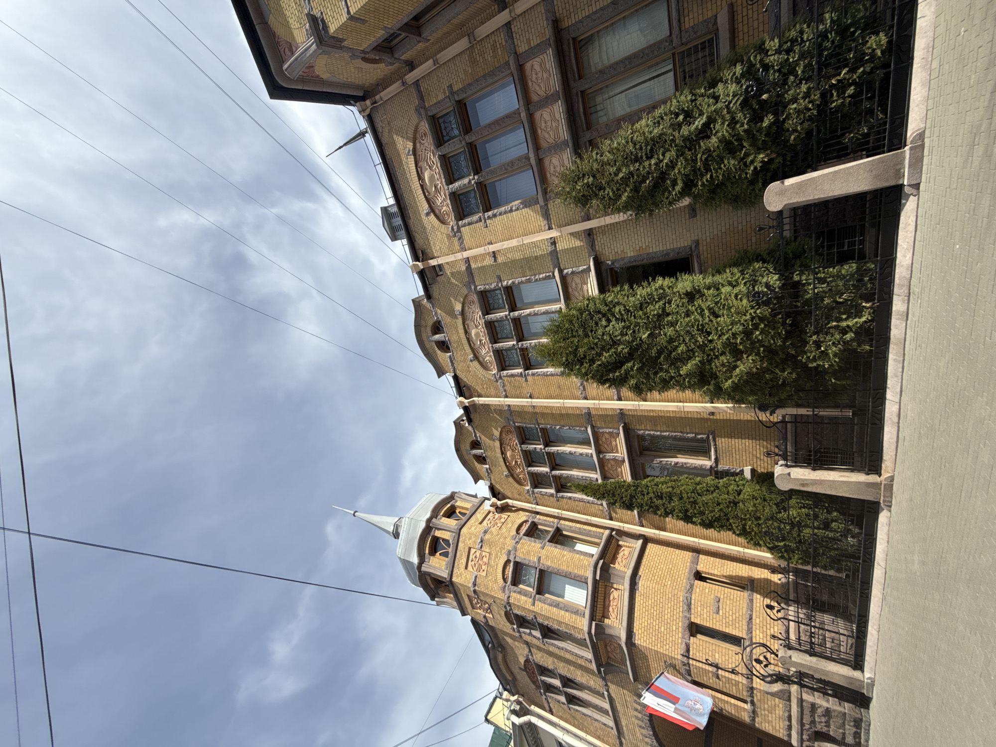 The image depicts a multi-story building with yellow brickwork and decorative elements, including sculpted faces and stone trim around the windows. A tower with a pointed spire extends from one section. Green shrubbery partially obscures the building's facade. A wrought iron fence runs alongside the building. A flag is visible near the base of the building. Overhead power lines cut across a sky with scattered clouds. The building appears to be located in Saint Petersburg, Russia, based on the architectural style.
