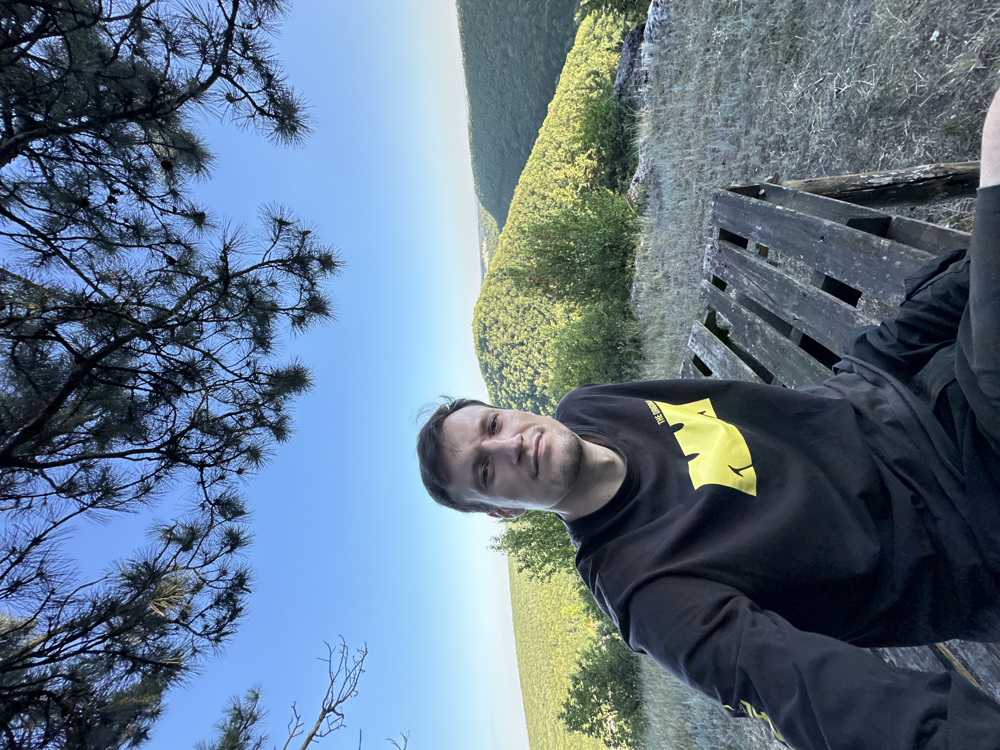 A young man is taking a selfie while sitting on a wooden bench outdoors. He is wearing a black long-sleeved shirt with a yellow graphic design on the front. The man is looking directly at the camera with a neutral expression.
The setting appears to be a scenic overlook in a rural area. In the background, there is a vast expanse of green trees and hills stretching into the distance. The sky is clear and blue, suggesting it is a sunny day. Pine trees with dark green needles are visible in the foreground and frame the left side of the image. The wooden bench he is sitting on is made of weathered planks and has a rustic appearance. There is also some dry grass and rocks surrounding the bench.
The overall mood of the image is relaxed and peaceful, as the man appears to be enjoying the natural scenery. The photo was taken during the daytime, likely in the late afternoon given the soft lighting. There is some visible text on the man's shirt, but it is partially obscured by the graphic and difficult to read clearly. The location is identified as Pryvorottia Druhe, Ukraine.