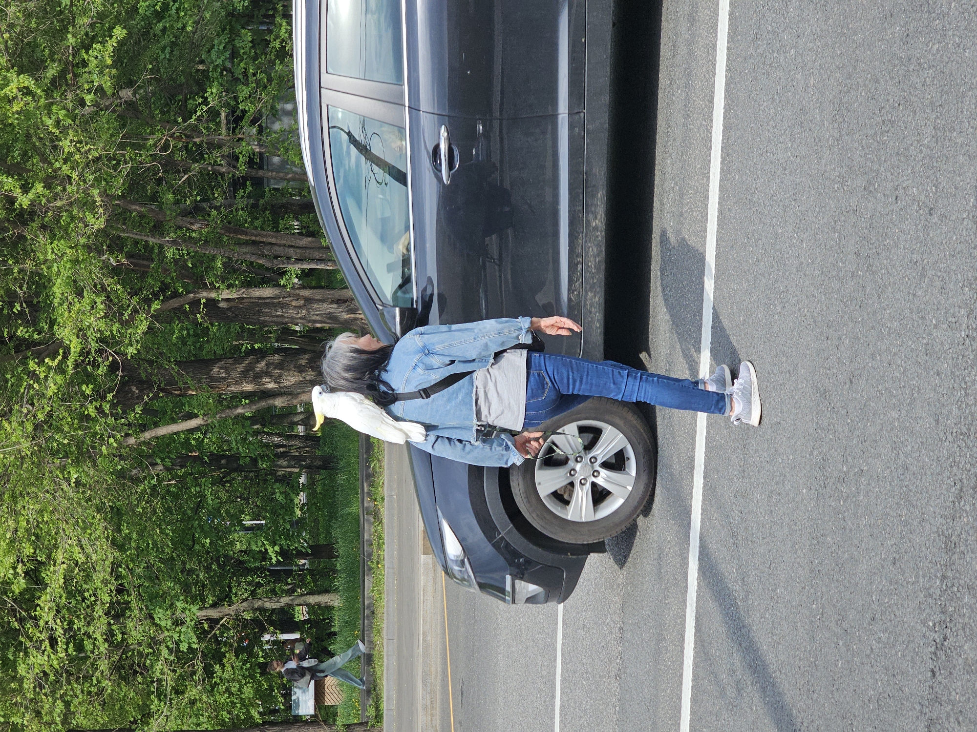 A person with gray hair stands next to a dark gray SUV in a parking lot. The person is wearing blue jeans and a denim jacket, and a large white bird is perched on their shoulder. The background includes trees and a grassy area. The image does not definitively place the scene in Moscow, Russia.