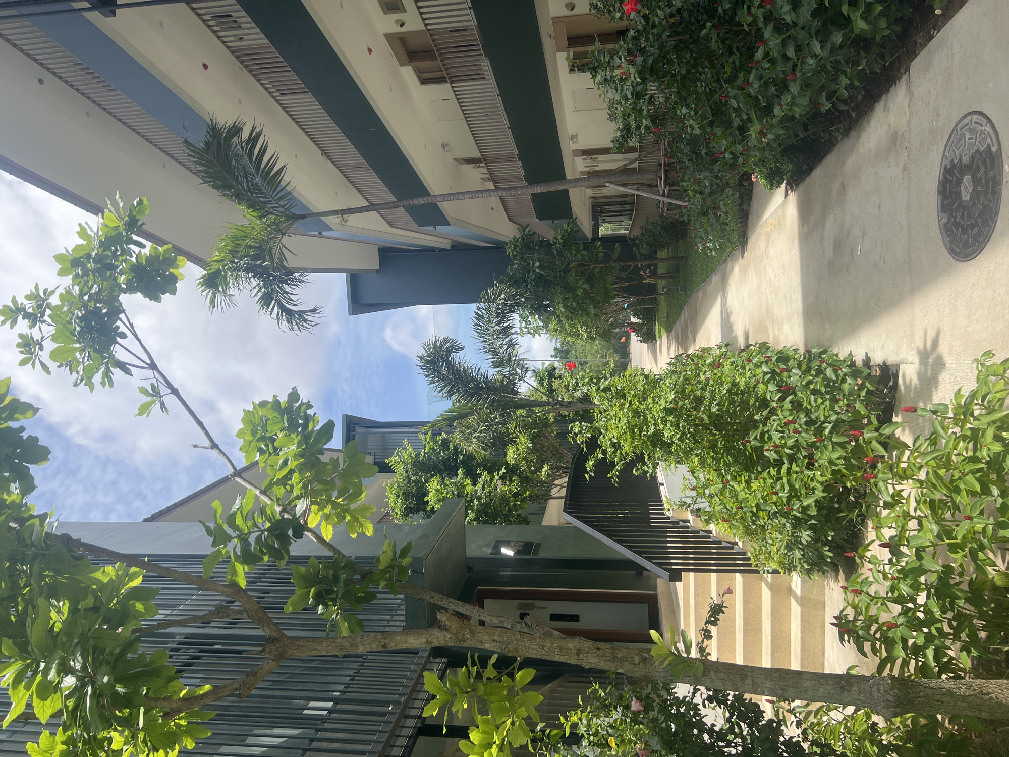 This is a high-angle, eye-level, full shot of a pathway lined with buildings and greenery in Ko Samui District, Thailand. The pathway is concrete and curves to the right, leading towards the distance. On the left, a two-story building with green siding and vertical metal louvers is visible. Stairs with black railings lead up to an entrance. Lush green plants, some with red flowers, are planted along the pathway and in front of the building. On the right, a multi-story building with white balconies and dark green siding is present, with palm trees and more green foliage in front. The sky is partly cloudy. There are no people visible in the image.
