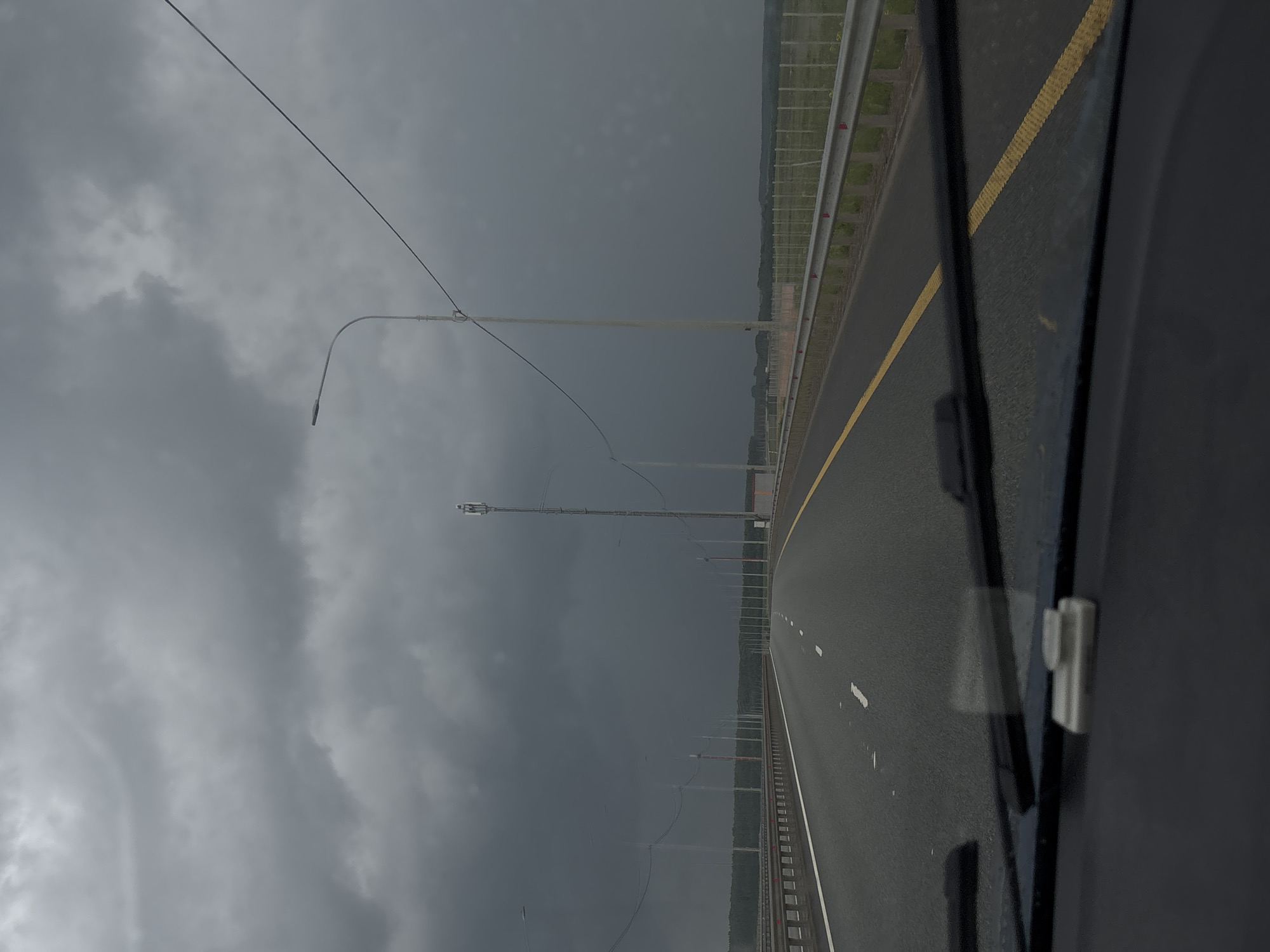 The image captures a view from inside a moving vehicle, looking out onto a highway under a heavily overcast sky. The scene is dominated by dark, dense grey clouds that blanket the entire sky, suggesting imminent rain or stormy weather. The asphalt road appears damp or wet, reflecting the dim light and indicating recent precipitation or high humidity.
The highway features multiple lanes, with a solid yellow line marking the left edge of the carriageway and dashed white lines separating lanes further to the right. A metal guardrail runs along the left side of the road, extending into the distance. Beyond the guardrail, numerous tall poles, likely serving as streetlights or utility masts, line the highway, stretching towards the horizon. In the far distance, a thin strip of green vegetation, possibly trees or fields, is visible beneath the dark sky.
On the far right side of the image, a portion of the vehicle's interior is visible, including a dark door frame or pillar and a metallic latch-like object, suggesting the photo was taken from the passenger side. The overall impression is one of a gloomy, overcast day while traveling on a highway. No discernible text is visible in the image. The setting is consistent with a highway environment in Krasnoufimsk, Russia, as provided.