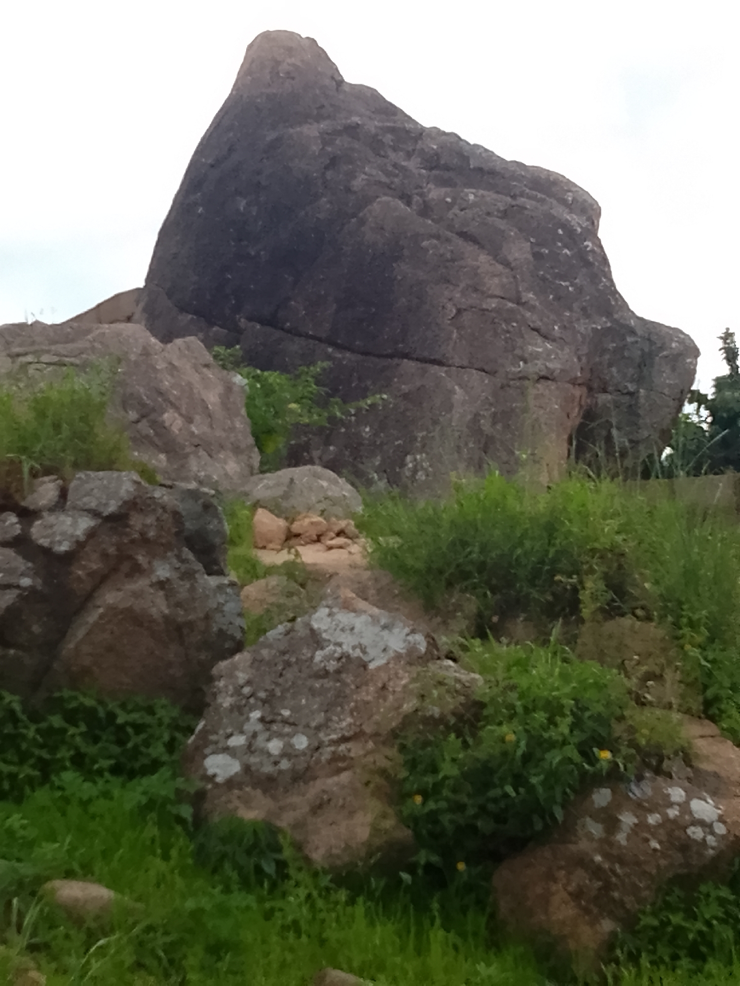 The image shows a large, dark, weathered boulder dominating the upper portion of the frame, with a sharp, pointed peak. Below the large boulder are several smaller, grey and brown rocks of various sizes, interspersed with vibrant green grass and some small yellow flowers. In the background, there is a dense cluster of green trees and a pale, overcast sky. The scene depicts a natural, rocky landscape with vegetation. The location is identified as Rukuba Road, Nigeria. There are no people visible in the image.