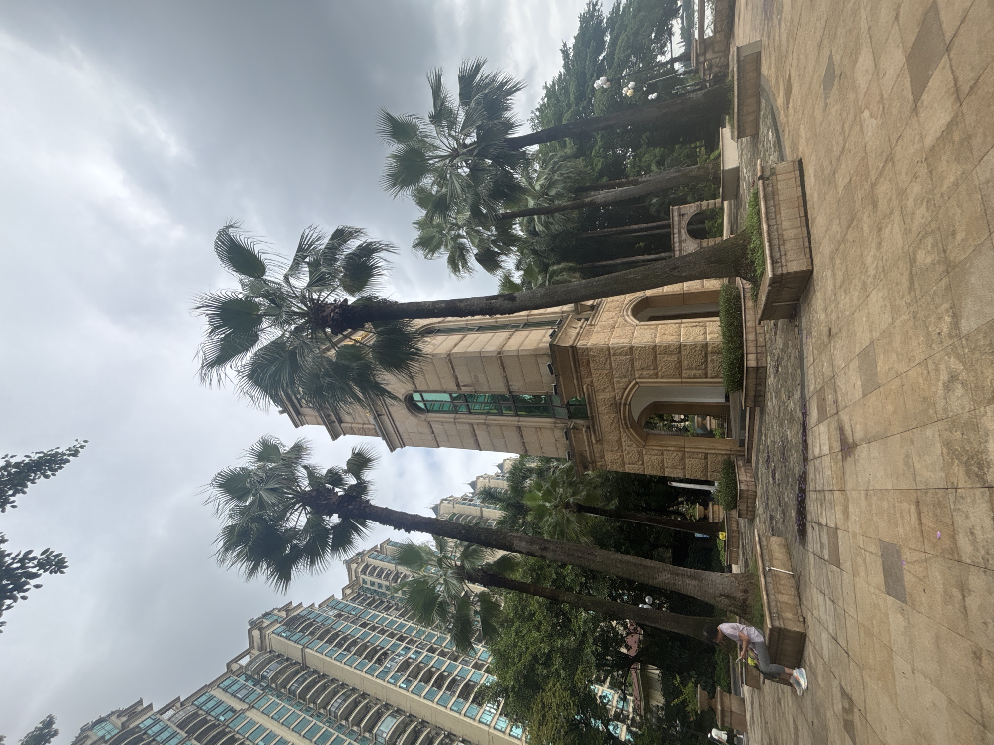 In Nanhai District, China, a paved plaza features a light-brown, stone clock tower with arched entrances at its base and a tall, narrow green window near its top. Several tall palm trees surround the tower, with their fronds reaching towards a cloudy, overcast sky. In the background, to the left, are multi-story apartment buildings with light-colored facades and numerous balconies. To the right of the clock tower, a body of water is visible beyond a line of trees. In the foreground, a person wearing a pink shirt and gray pants sits on a bench, looking at a phone. The ground is paved with square, beige tiles, and planters filled with greenery are scattered around the plaza.