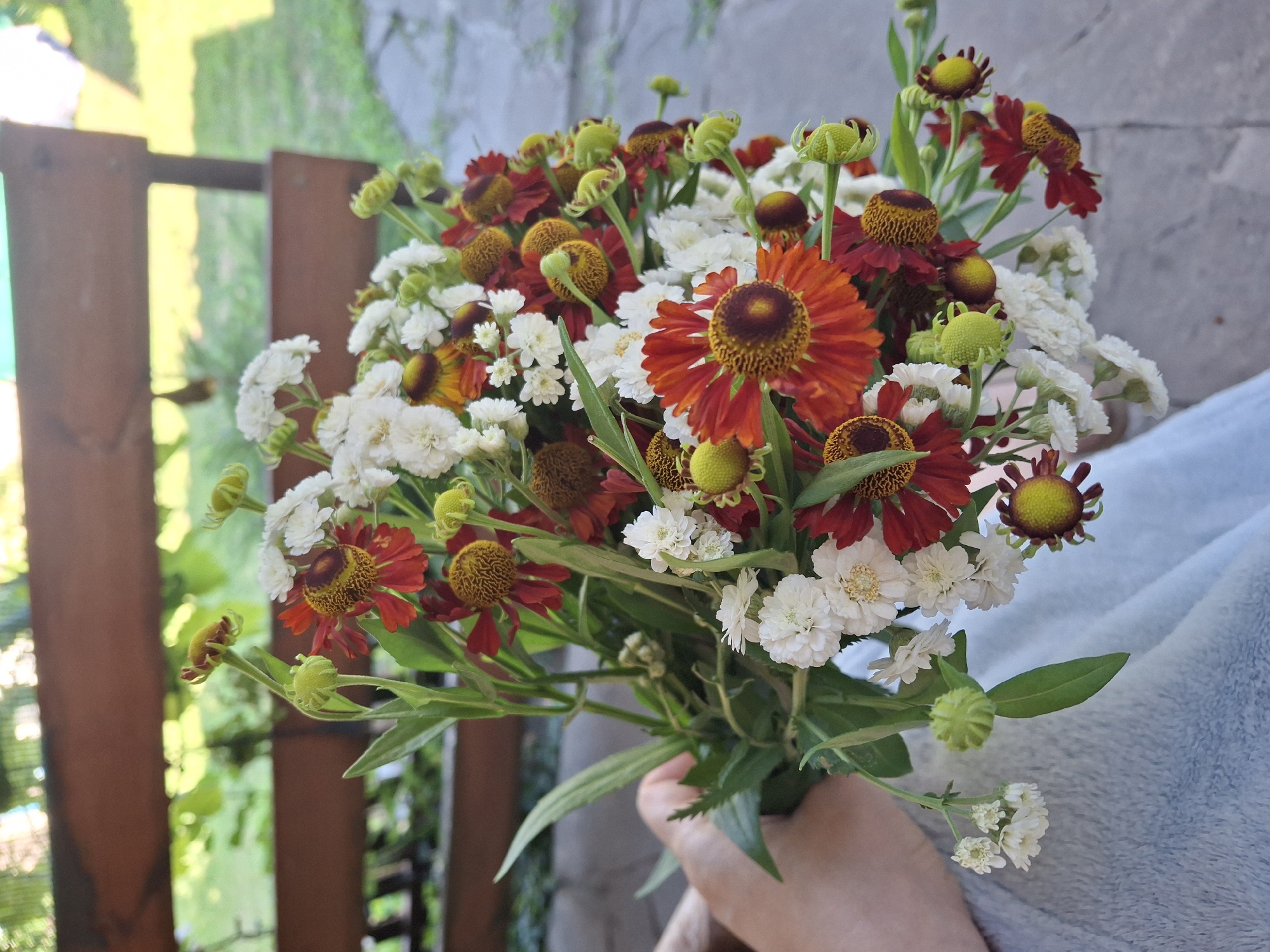 A bouquet of wildflowers is held by a person wearing a light blue garment. The bouquet consists of red and white flowers, with some buds that are green. The background shows a wooden bench, greenery, and a stone patio. The scene is outdoors.
