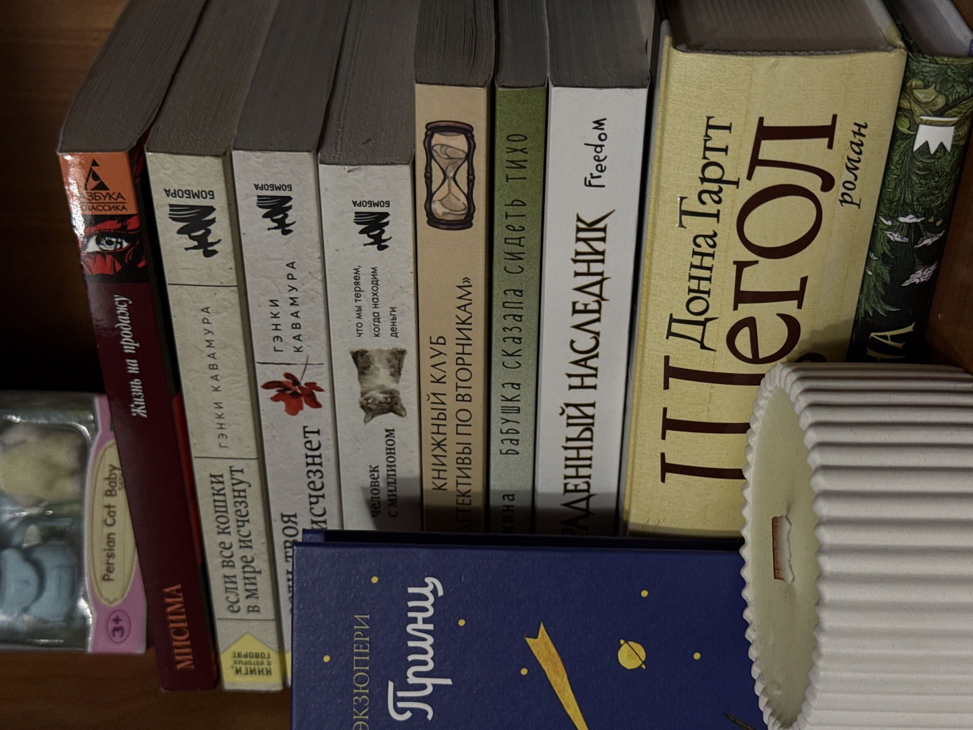 The image shows a stack of books and a candle on a shelf. The books are various titles, some in Russian. The candle is white and ribbed. The background is a blurred wooden shelf. The scene is indoors. There is no indication of the specific location in the city of Luhansk, Ukraine.