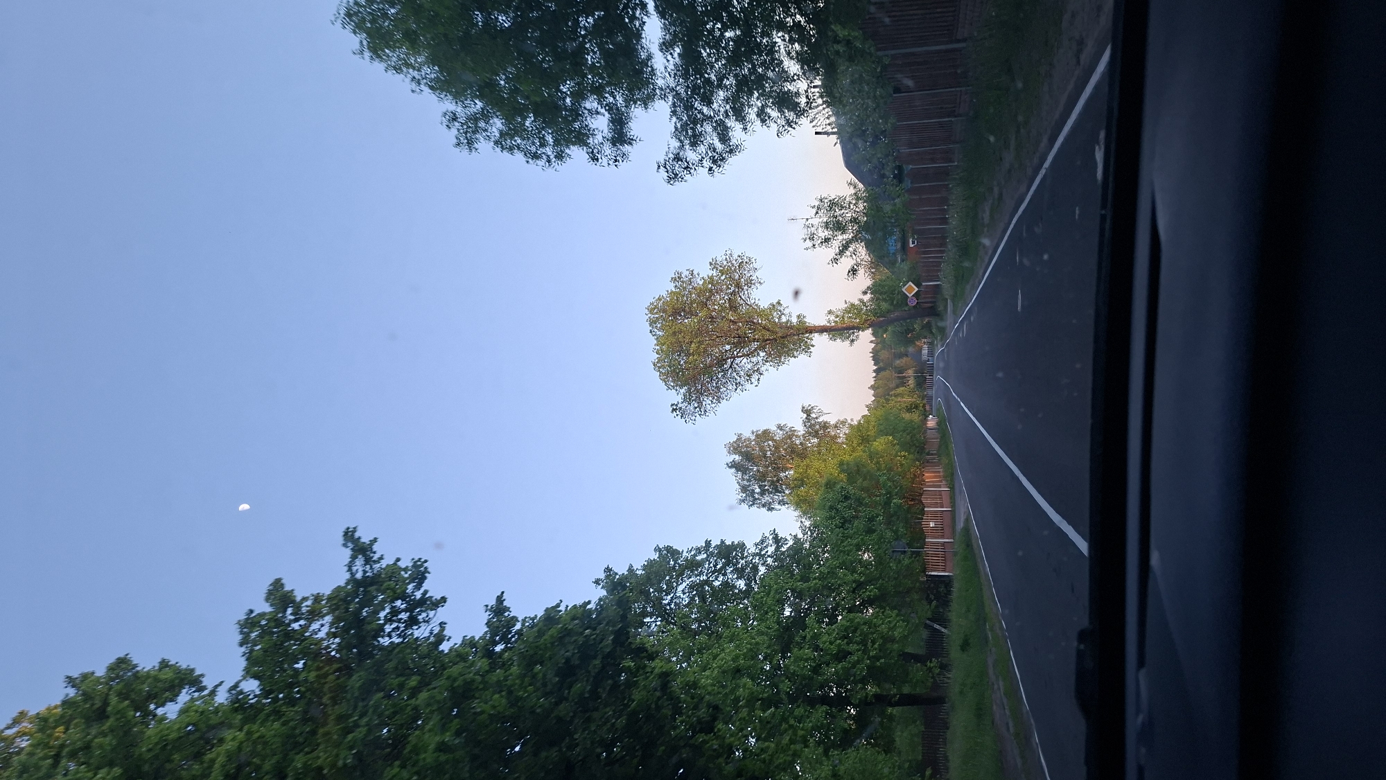 A photograph taken from inside a vehicle depicts a road landscape in Любанскі сельскі Савет, Belarus. The road is asphalt, with a single white line marking the lanes. Trees line both sides of the road, with a few wooden fences visible between the trees. The sky is light blue with a visible crescent moon. A yellow road sign is partially visible on the right side of the road. The vehicle's interior, including a dark grey section, is visible on the right side of the image.