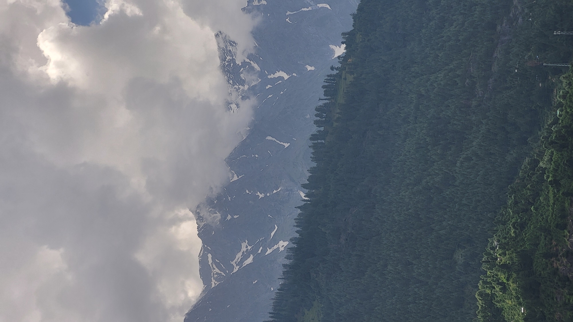 This vertical landscape photograph depicts a mountainous region within Vashisht, India, under a predominantly overcast sky. The upper third of the image is dominated by dense, textured grey and white clouds, with sporadic brighter sections indicating sunlight breaking through, and a small area of clear blue sky visible in the upper right. Beneath the clouds, a range of steep, dark grey to bluish mountains extends across the mid-ground, characterized by jagged peaks and numerous white snow patches and streaks visible on their slopes. A distinct horizontal line of dense, dark green coniferous forest covers a lower mountain ridge, separating the snow-capped peaks from the foreground. Below this dense forest, the terrain continues to be heavily wooded with evergreen trees, exhibiting variations in shade and density. The bottom right corner of the image reveals the top portion of a metallic transmission tower or similar infrastructure, indicating human development within the natural landscape.