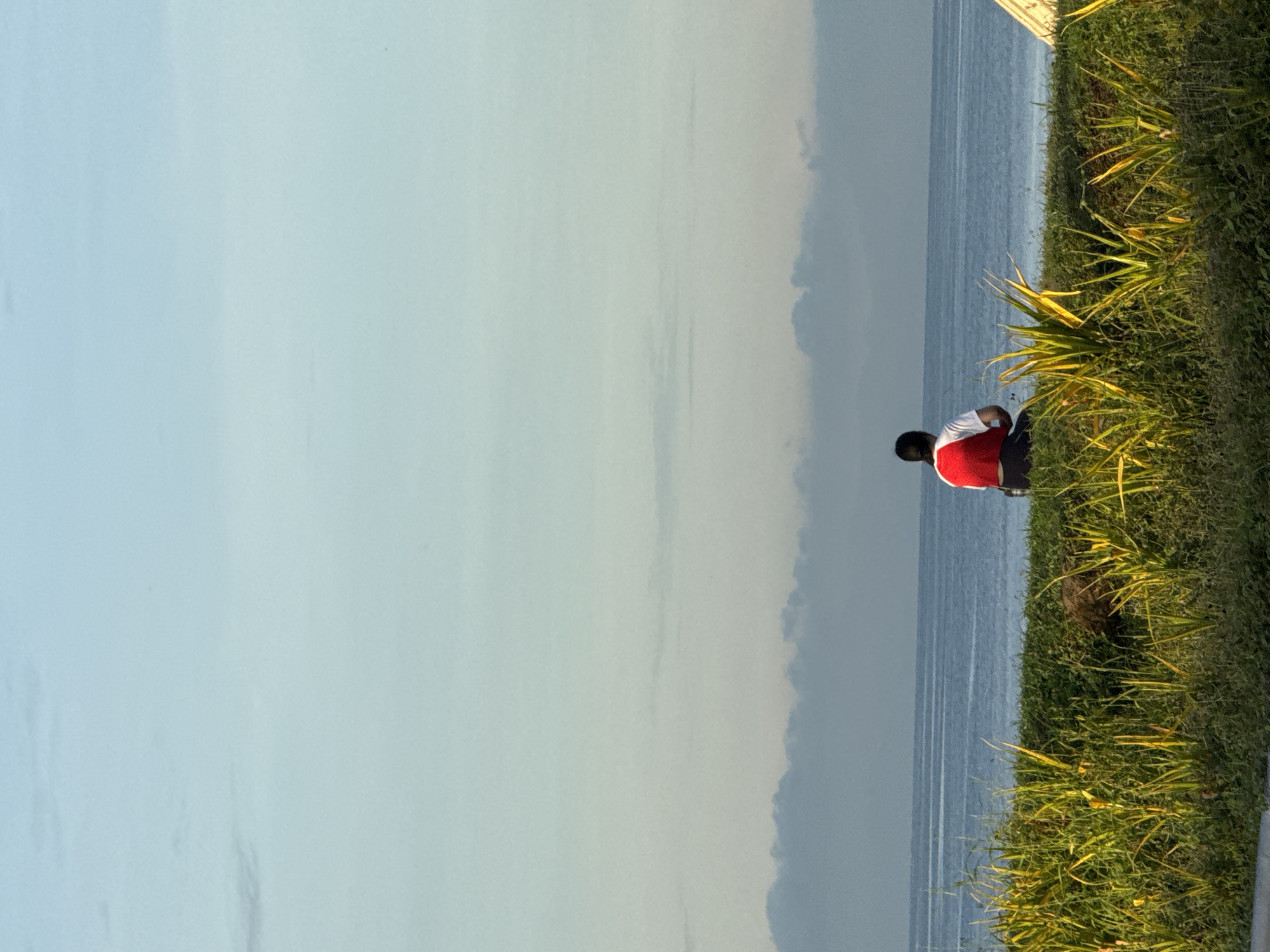 A person in a red and white shirt is sitting at the edge of a grassy area near the sea. The sky is cloudy. The image appears to be taken in Davao City, Philippines.