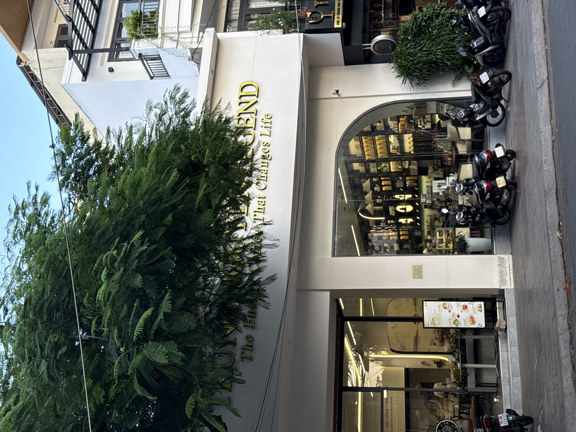 The image shows a street scene in Nha Trang, Vietnam, with a focus on a building facade. The building features large glass windows and a white exterior. Above the windows, a golden sign reads "TRUNG THE END" followed by smaller text that is partially obscured by a large, leafy green tree extending from the left side of the frame. The tree's branches overhang the building and sidewalk. In front of the building, several motorcycles are parked along the sidewalk. The storefront windows reveal interior displays of shelves filled with products and some furniture. To the right of the main building, a narrower facade displays more signage and a decorative element. The street itself is paved, and the sky above is bright blue with a clear sky.