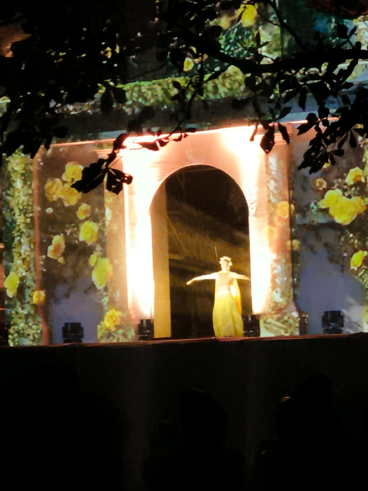 The image depicts a performance with a projection of a floral backdrop featuring yellow roses. In the center, an archway is illuminated with bright light, revealing a figure wearing a flowing yellow gown and a headdress, with their arms outstretched. In the foreground, dark silhouettes of tree branches with leaves partially obscure the view of the stage, suggesting an outdoor setting at night. Several small black stage lights are visible on the stage floor. The performance appears to be taking place in Tallinn, Estonia, possibly at an outdoor venue like the Tallinn Song Festival Grounds during a summer festival or event. The lighting and shadowy foreground suggest a nocturnal ambiance.