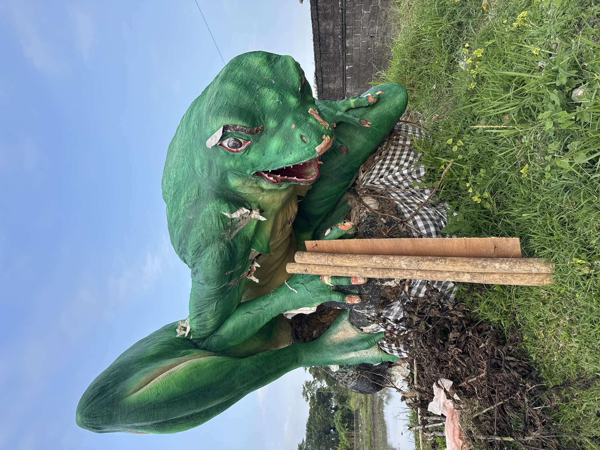 An outdoor, low-angle shot captures a large, green, inflatable or papier-mâché effigy of a creature, possibly a dragon or dinosaur, resting on a pile of debris and wrapped in black and white checkered fabric. The creature has a gaping mouth with red interior, sharp teeth, and red-ringed eyes. Its body is textured with visible seams and some areas of damage where the outer layer is peeling away, revealing lighter material beneath. Several bamboo poles and a wooden plank lean against the effigy.
The creature is situated outdoors, with a field of green grass in the foreground and middle ground. To the left, a body of water, likely a rice paddy, is visible with a few birds in the distance. A low, grey brick wall runs along the right side of the frame. The sky above is a clear blue with a few wispy clouds. The scene appears to be located in a rural or semi-rural area, consistent with the outskirts of Sukawati, Indonesia, a region known for its traditional arts and crafts, including large effigy creations. There are no people visible in the image. The overall impression is one of a partially completed or weathered artistic installation in an outdoor setting.