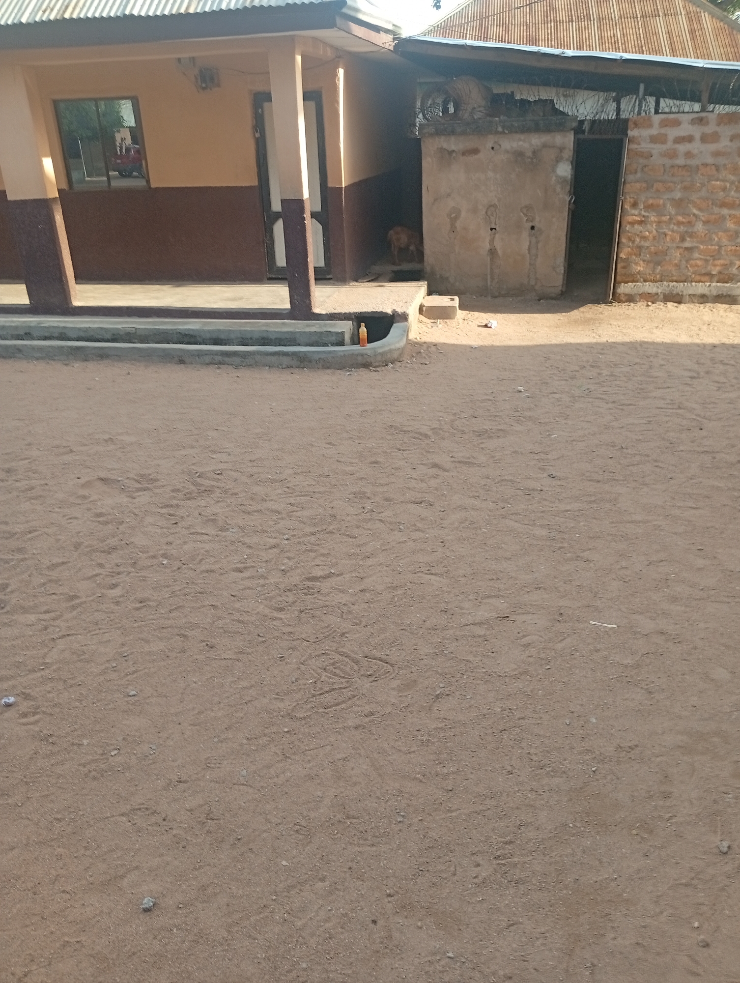 This media file shows a medium shot of a building in Jalingo, Nigeria. The building appears to be a community center or a small school. It is constructed with concrete and has a corrugated metal roof. The exterior walls are painted in earthy tones of orange and brown. The building has a covered porch with pillars. To the right of the main building, there is an attached structure made of concrete and brick with a metal roof. There is an open doorway in this section. A dog can be seen near the entrance of this attached structure.
The ground in front of the building is covered with sand and dirt, with some small pebbles scattered around. A concrete channel or drain runs along the front of the porch. A small orange bottle is visible near the edge of this channel. The lighting suggests it is daytime, with sunlight casting shadows. The scene appears to be in a rural or semi-urban setting, given the building materials and the sandy ground. There are no people visible in the frame. The overall impression is of a functional, utilitarian building in a warm, dry environment.
