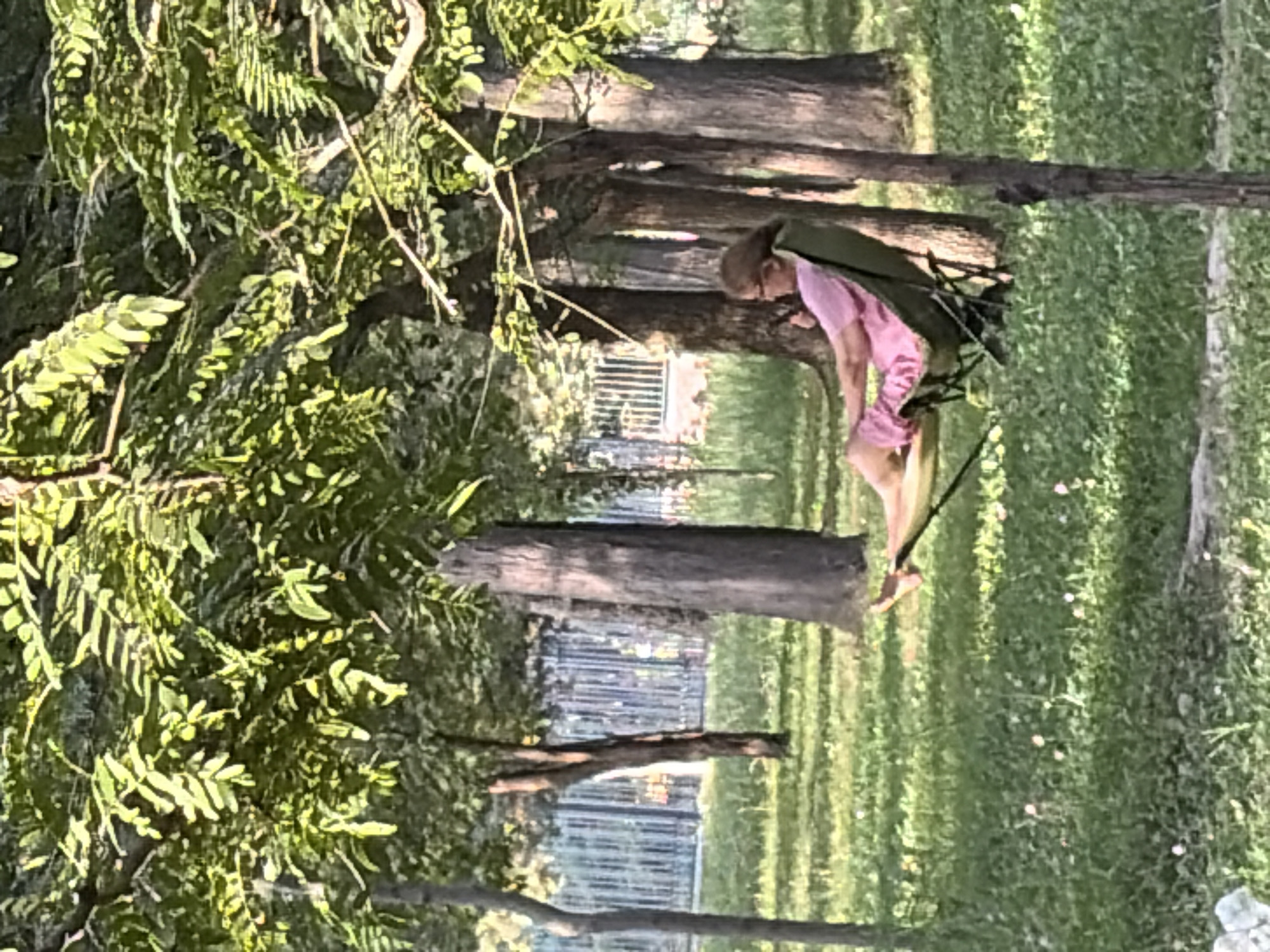 In a park setting, a person with blond hair, wearing glasses and a pink outfit, sits reclined in a green camping chair. The chair is positioned on a grassy area dotted with small white flowers, under the dappled shade of trees with green foliage. In the background, a chain-link fence with vertical supports is visible. The image appears to be taken during daylight hours, with sunlight filtering through the leaves.