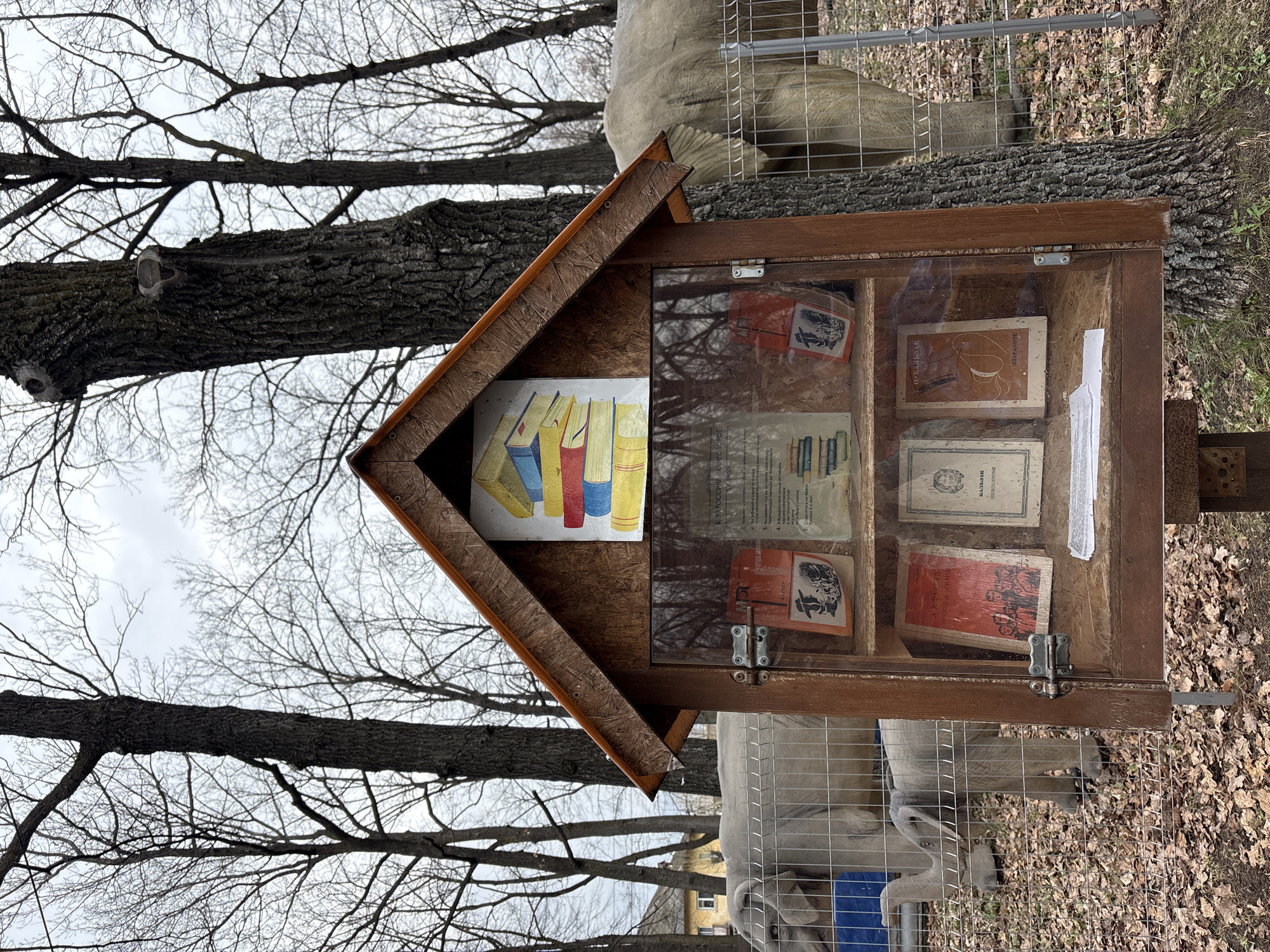 A small, wooden, house-shaped "Little Free Library" stands outdoors in Ulyanovsk, Russia. The library is affixed to a metal pole and positioned beneath trees with bare branches against a cloudy sky. The library's facade has a drawing of books on its left and a clear door on the right displaying several books inside. The latch is holding the door closed. Beneath the library, is a light gray stone sculpture of a quadrupedal animal inside a wire cage. Brown leaves litter the ground around the base. In the background, a building with windows can be seen.