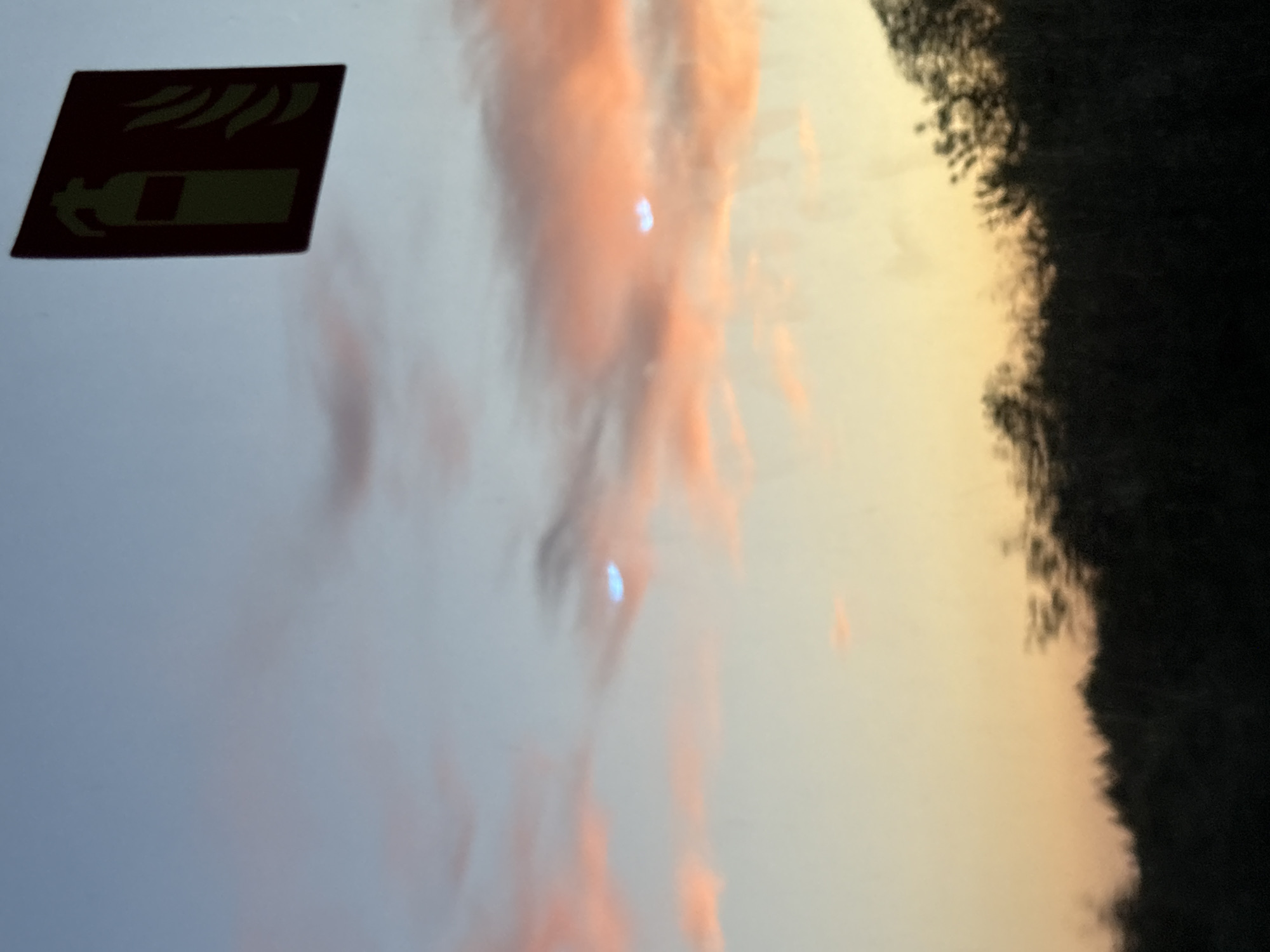 The image depicts a scene in Федькино, Russia, at dusk or dawn, with a sky filled with pink-tinged clouds. The edge of a forest is visible in the background. A sticker with a symbol of a fire extinguisher is affixed to a white surface, possibly a vehicle or building, in the foreground.