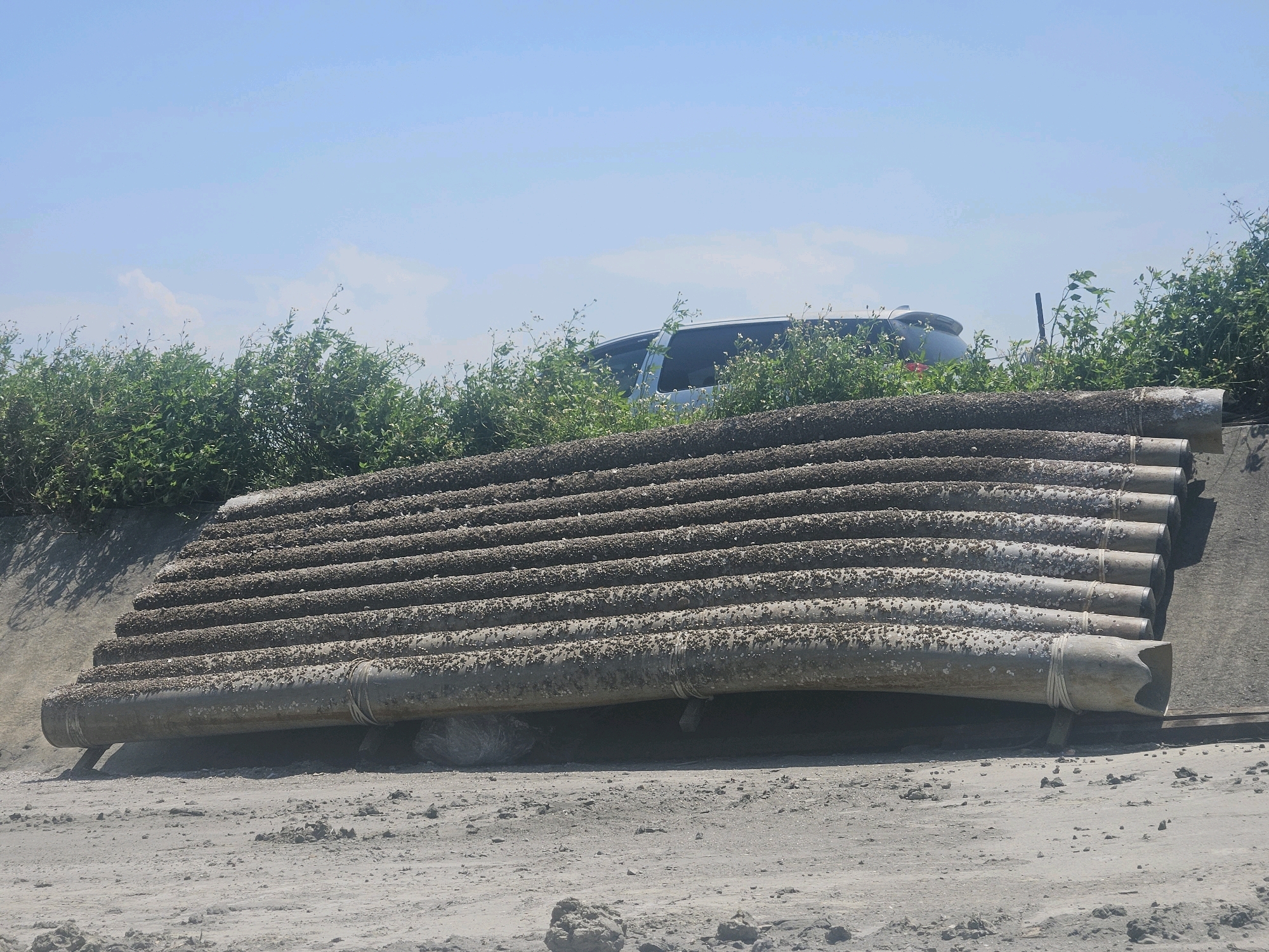 The image depicts a construction site in Taixi Township, Taiwan. A stack of large, weathered pipes, some appearing to be concrete and others metal, are laid out on a sloping embankment. The pipes are covered in sediment and debris, suggesting recent or ongoing construction activity. Green, leafy vegetation grows along the top of the embankment and behind the pipes. In the background, a silver van is partially visible, parked amidst the foliage. The ground in the foreground is sandy and uneven, with scattered rocks and dirt clods. The sky is a clear, pale blue. The scene appears to be outdoors, in a relatively undeveloped or industrial area.