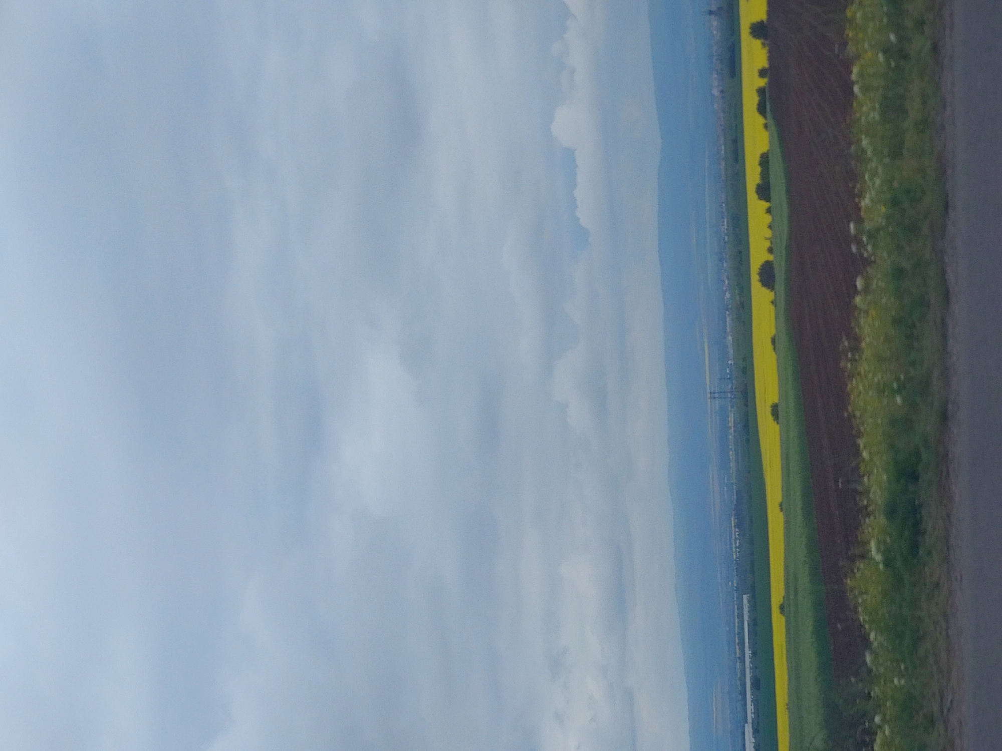 The image shows a landscape in Zhelyava, Bulgaria. A cloudy sky occupies the majority of the frame. A strip of land runs along the right side, showing a field with a yellow strip of rapeseed flowers alongside a dark, plowed field and grassy verge. A road is visible on the far right edge. In the distance, beneath the clouds, lies a city or town with hills beyond. The scene suggests a rural setting on a day with overcast conditions.