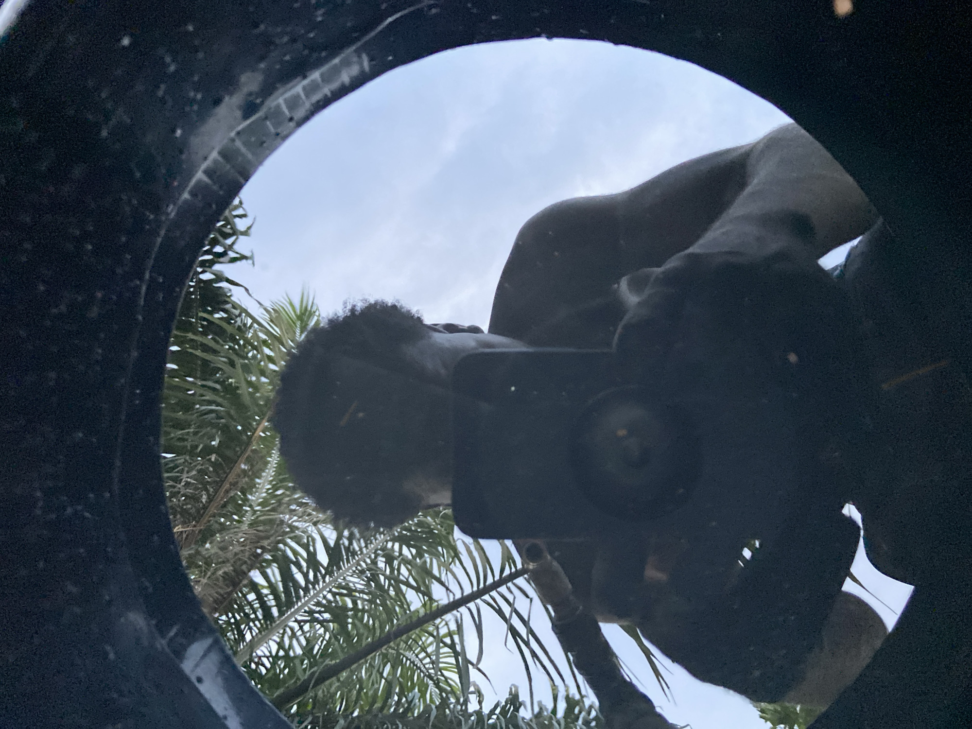 The image shows a person holding a black smartphone, presumably taking a picture of themselves from below, looking up through a circular opening, possibly a tire or pipe. Outside the opening, palm trees and a cloudy sky are visible. There is no verifiable information indicating the location is in the city of Mararaba, Nigeria.