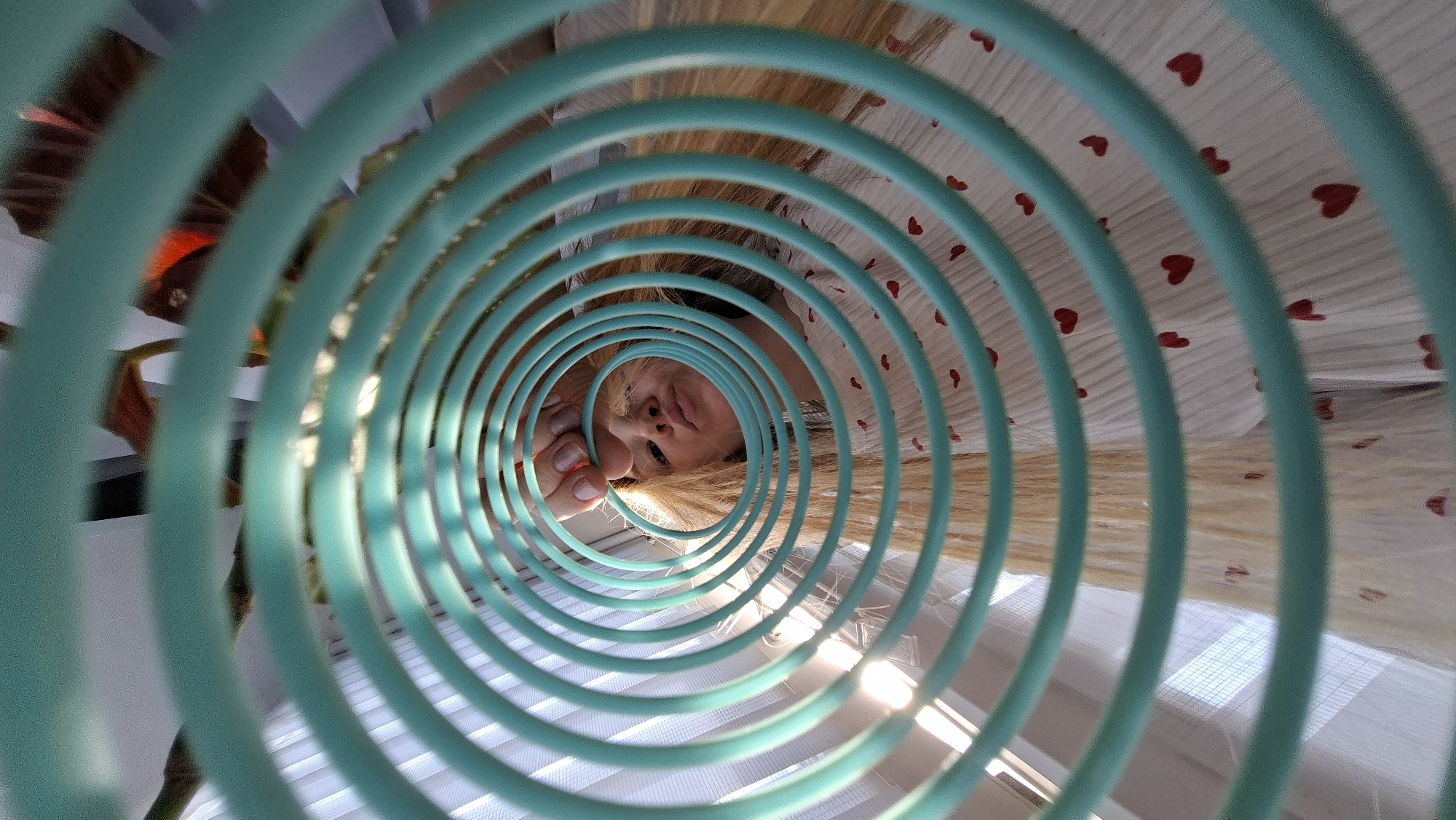 A low-angle perspective photograph features a woman peering through a blue coiled object, likely a toy or decoration. The woman has blonde hair, a fair complexion, and a white dress with small red hearts. Her face is visible through the central opening of the coil. The coil is situated in front of a window with closed white blinds. To the left of the coil, a leafy plant with red-tinged leaves is partially visible. The exact location in the city of Chaikovsky, Russia, is not determinable from this image.