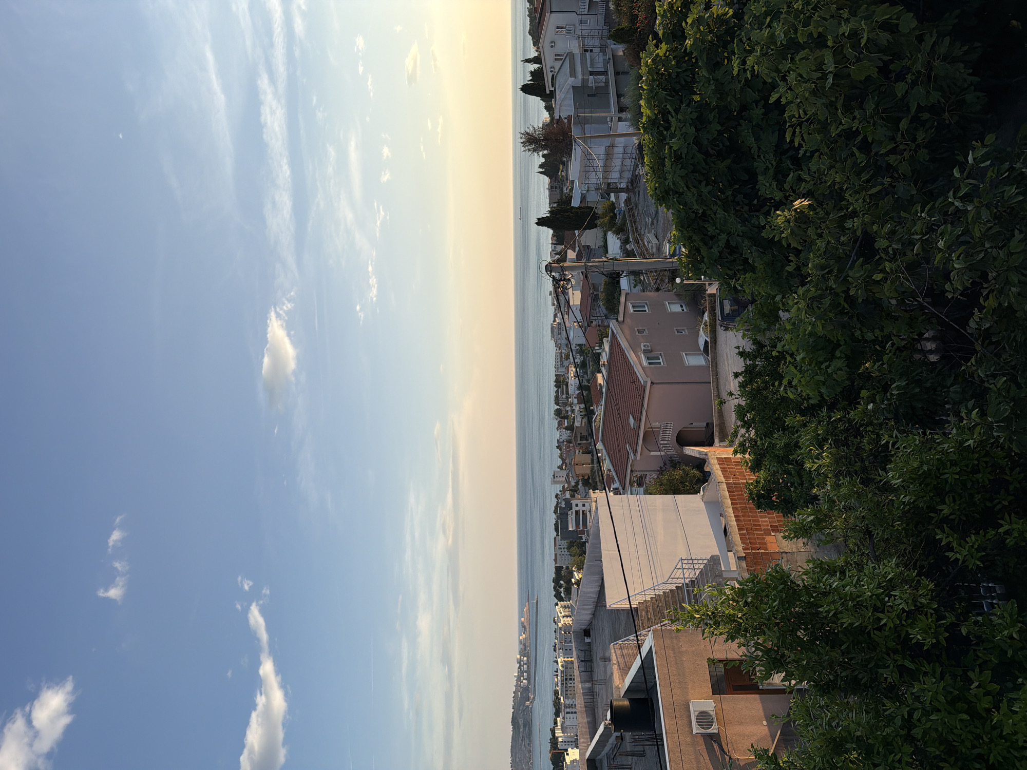 An elevated view from Šušanj, Montenegro, shows a residential area sloping towards the Adriatic Sea. Buildings with red tile roofs and neutral-colored facades are interspersed with lush green trees. Utility poles and wires are visible, traversing the rooftops. The sea occupies the central part of the frame, with a hazy horizon meeting a sky transitioning from blue to pale yellow. A few small clouds dot the sky. The foreground includes dense foliage obscuring some of the view.