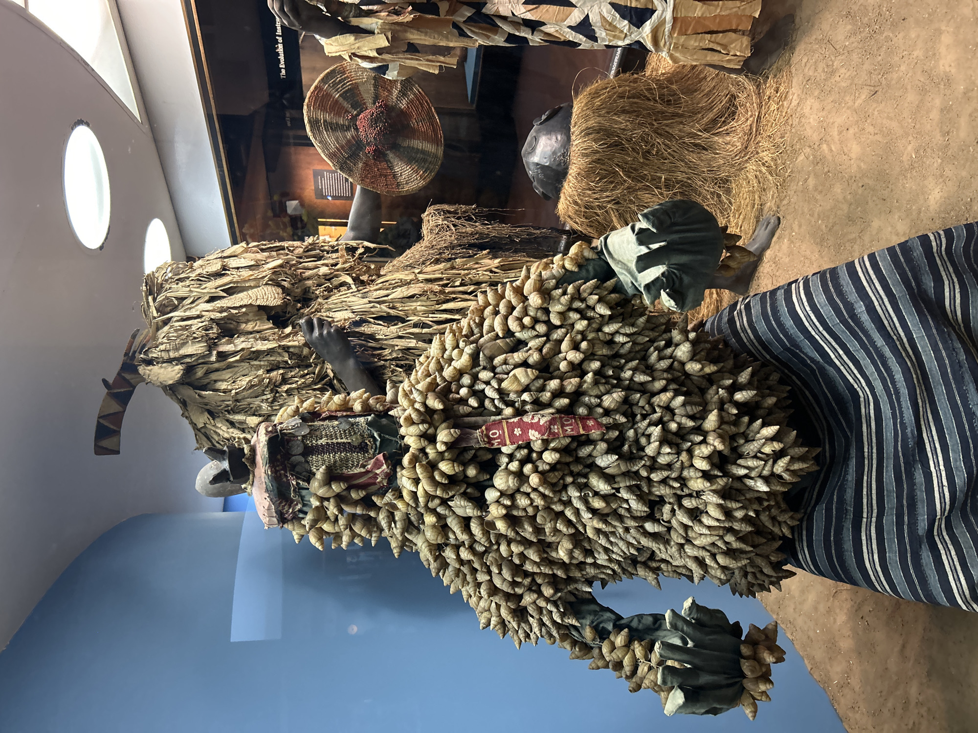 The media file captures an indoor scene, likely a museum or cultural exhibit, showcasing two static figures (mannequins) dressed in elaborate traditional attire. The image is rotated 90 degrees counter-clockwise.
The primary subject in the foreground is a human-like figure almost entirely covered in a dense layer of small, light-colored, conical shells or snails, giving it a textured, armored appearance. A band of red fabric with white patterns, possibly showing the letters "MO," is visible across its chest. This figure wears a lower garment of dark blue and white striped fabric, and its hands, encased in dark material, are also adorned with shells.
Behind this figure, a second mannequin stands, dressed in a voluminous costume made from what appears to be dried, straw-like plant material, such as rafia or palm fronds. Its dark-skinned foot is visible on the earthen-colored ground.
In the background, additional artifacts are displayed: a circular, woven fan or basket with reddish-brown patterns, and a dark, rounded pot resting on a bed of straw. The ground of the exhibit is a light brown, earthy texture. The setting includes bright, circular overhead lights. Reflected on what appears to be a glass display, partial text reads, "The Evolution of Instr," suggesting the exhibit's theme might relate to "instruments" or "instruction." The background beyond the exhibit space features a light blue wall.