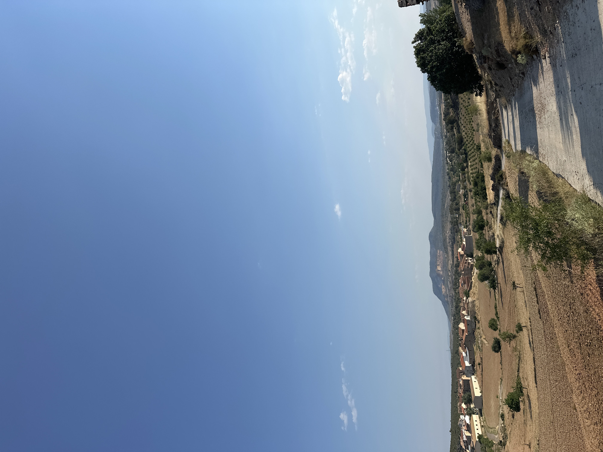 The image depicts a rural landscape in Alpuente, Spain, under a clear blue sky with sparse clouds. The foreground features a dirt road winding uphill, bordered by dry, brown vegetation and rocky terrain. To the left of the road, a treed area with a large, dark green tree stands prominently. Beyond the road and trees, a village with terracotta-tiled roofs is visible, nestled in a valley. The village appears to be surrounded by agricultural fields, some of which are fallow and dry, while others show signs of cultivation. In the background, rolling hills and mountains create a rugged horizon, with one distinct mountain showing visible erosion or quarrying. The overall scene suggests a warm, dry climate typical of inland Spain. There are no people or animals visible in the image.