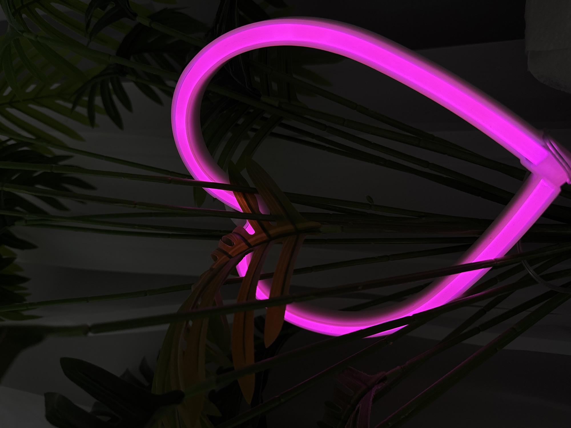 A close-up photograph depicts a pink neon light shaped like a horseshoe, nestled among the branches and leaves of greenery. The scene is dimly lit, with the bright neon providing the main source of illumination. The location, Izhevsk, Russia, is not discernible from the image.