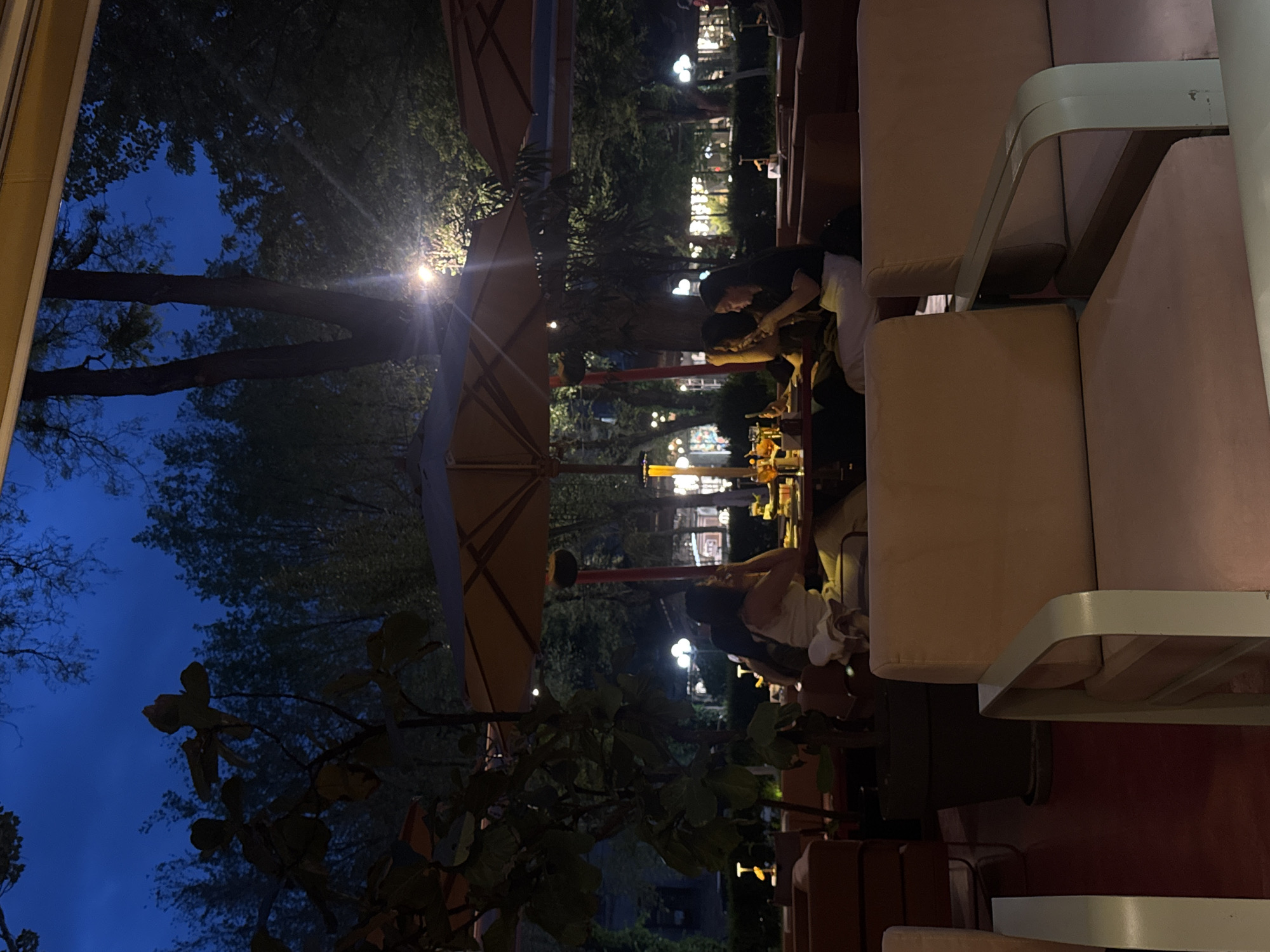 The image shows an outdoor restaurant scene at night, likely in Yerevan, Armenia, given the style of architecture and ambiance typical of the city's outdoor dining spaces. Several patrons are visible, with one appearing to be a waiter serving at a table. There are tables set for dining, with food and drinks present. Parasols or awnings are overhead, providing shelter. The surrounding area is heavily treed, and city lights are visible in the distance. The chairs are beige with white frames. The sky is dark blue.