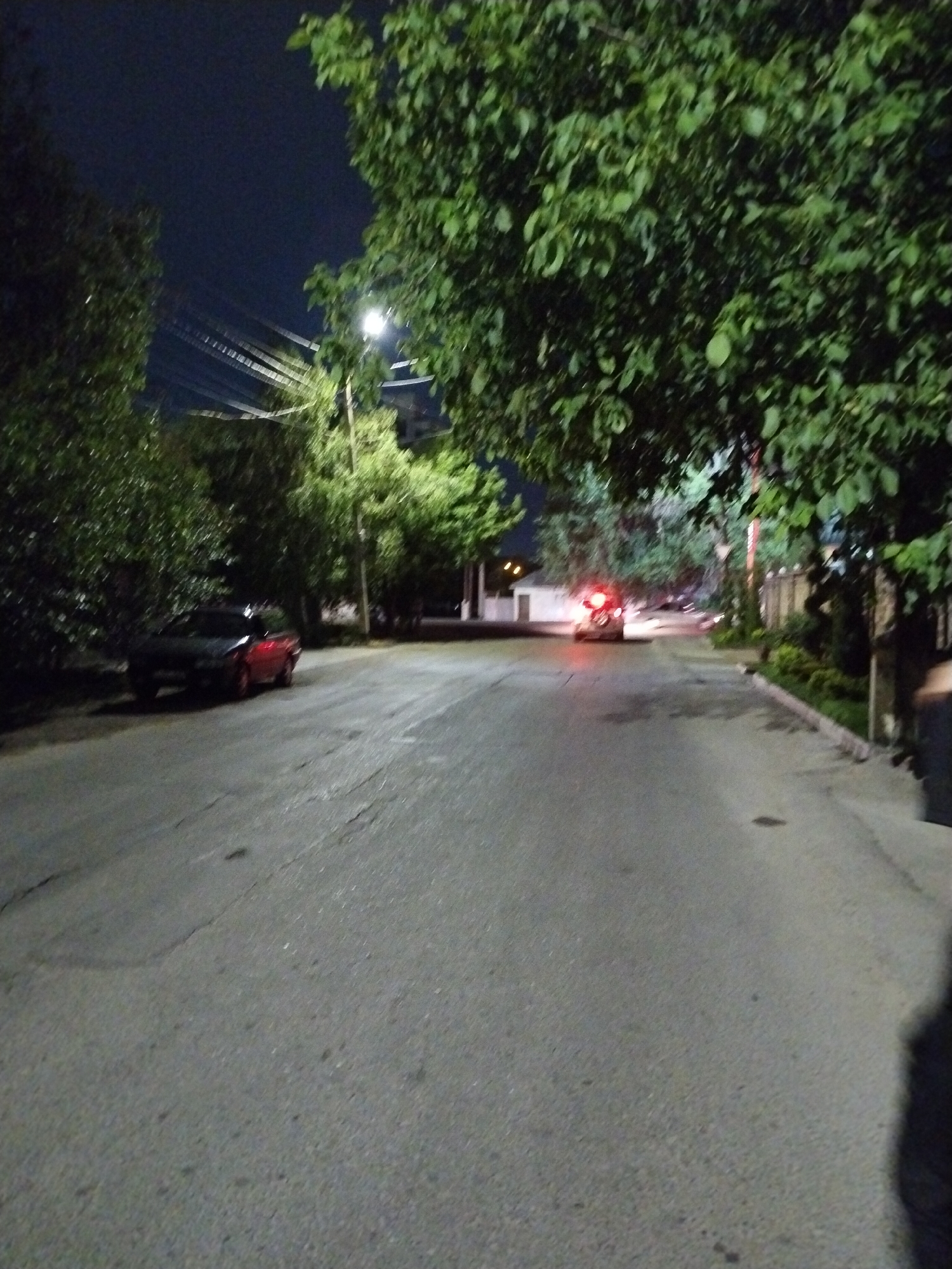 An outdoor, night-time, medium-angle, full shot shows a street in Taraz city administration, Kazakhstan. The street is paved and has cracks. Trees line the sides of the street and an overhanging tree branch is in the foreground. On the left side of the street, a red car is parked. In the distance, a white car is driving away from the camera, its taillights are red. A streetlight is visible on the right side of the street, and a fence with plants runs along the sidewalk.