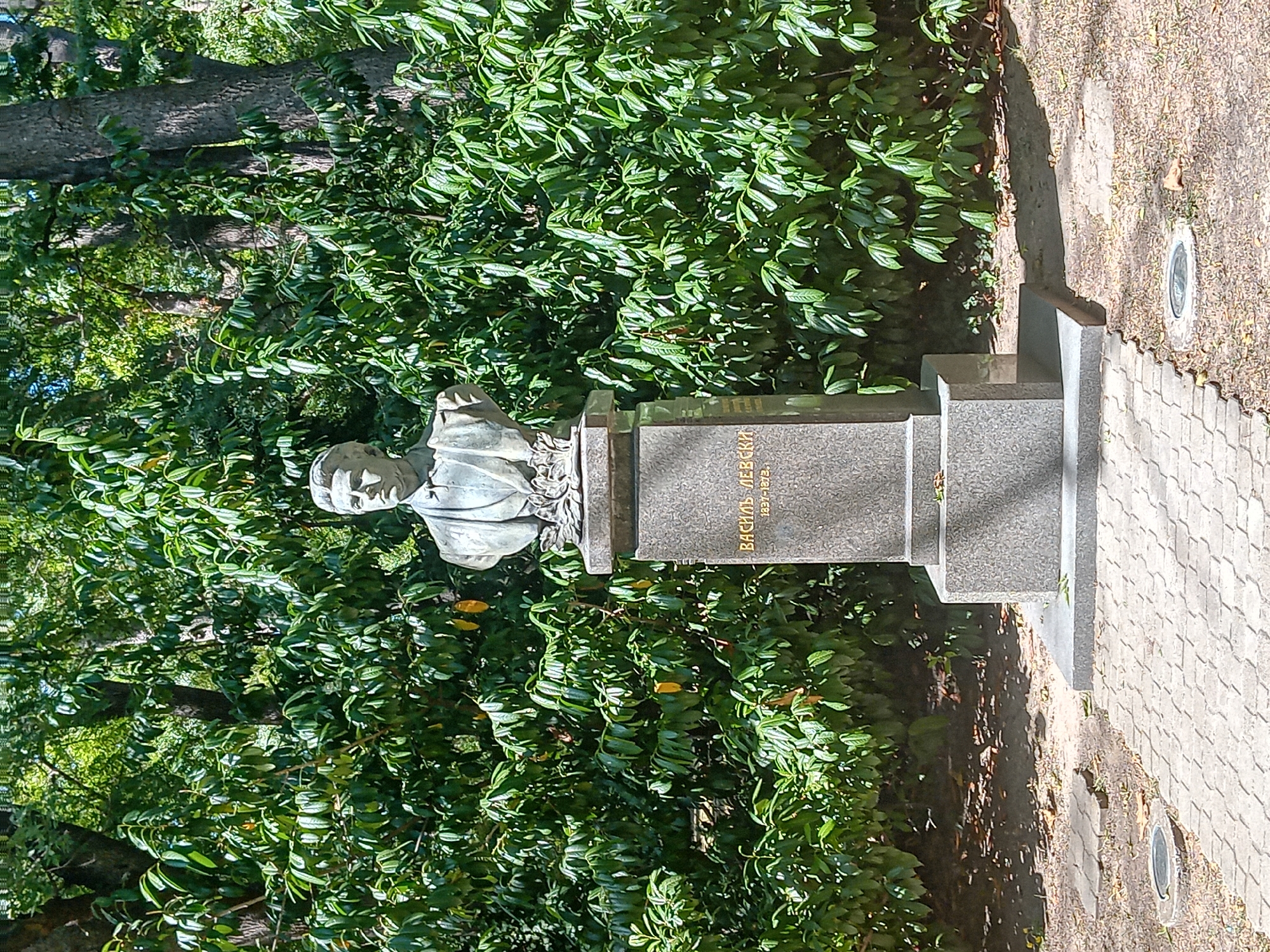 The image shows a bust of Vasil Levski, a prominent Bulgarian revolutionary. The bust is made of bronze and depicts Levski wearing a suit and tie. It is mounted on a tall, grey granite pedestal, which is inscribed with his name and birth and death dates. The pedestal is situated on a paved walkway, with a section of the walkway also visible to the left and right of the pedestal. Behind the bust, a dense green hedge provides a natural backdrop, with the tops of trees visible above the hedge. The ground around the walkway is covered with dry leaves and dirt, with dappled sunlight casting shadows. The scene appears to be in a park or public garden. This specific memorial to Vasil Levski is located in the Primorski Park in the city of Varna, Bulgaria.
