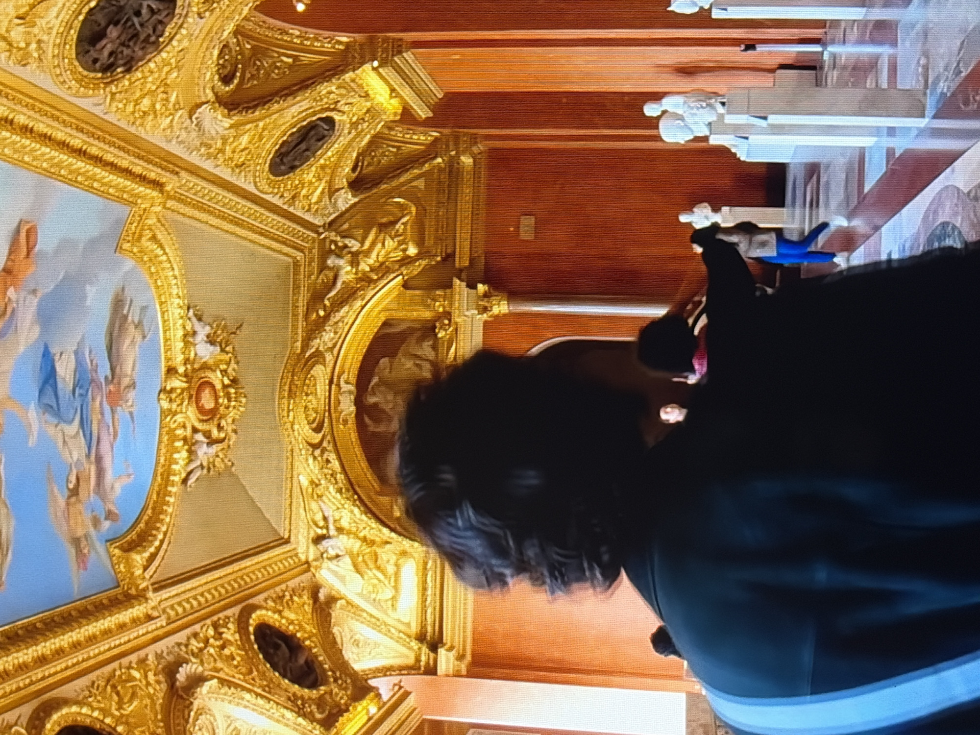 In the city of Unknown, Unknown, a person is photographed from behind, facing away from the camera, looking into a grand hall with ornate gilded ceilings and tall, rust-colored walls. The ceiling is a complex masterpiece of gold carvings and intricate painted scenes of winged figures against a blue sky. The walls are decorated with large, framed artworks and punctuated by tall, classical columns. In the distance, several white marble statues are displayed on pedestals, and other visitors can be seen walking through the hall, including one person in the mid-ground wearing bright blue pants. The person in the foreground is wearing a dark jacket with a distinct blue and white stripe on the sleeve. The lighting in the hall appears to be ambient, highlighting the opulent decorations.