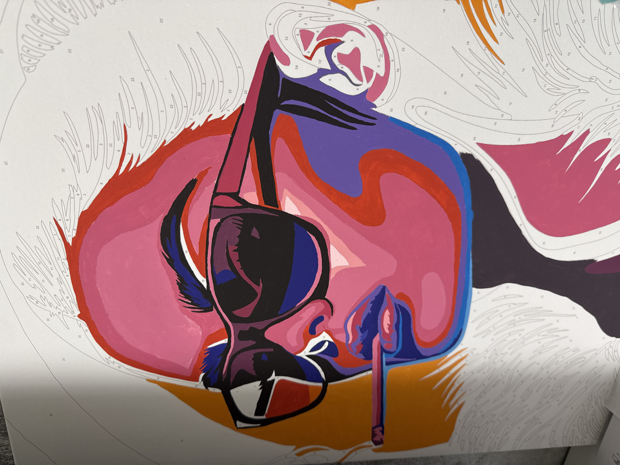 The image shows a partially completed paint-by-numbers canvas depicting a stylized portrait of a person wearing sunglasses. The person's face is rendered in various shades of pink, red, purple, and blue. The sunglasses are black, with a white and red detail on the frame. Parts of the canvas remain unpainted, revealing the numbered outlines of each section. The background is white, with pencil lines indicating different areas.