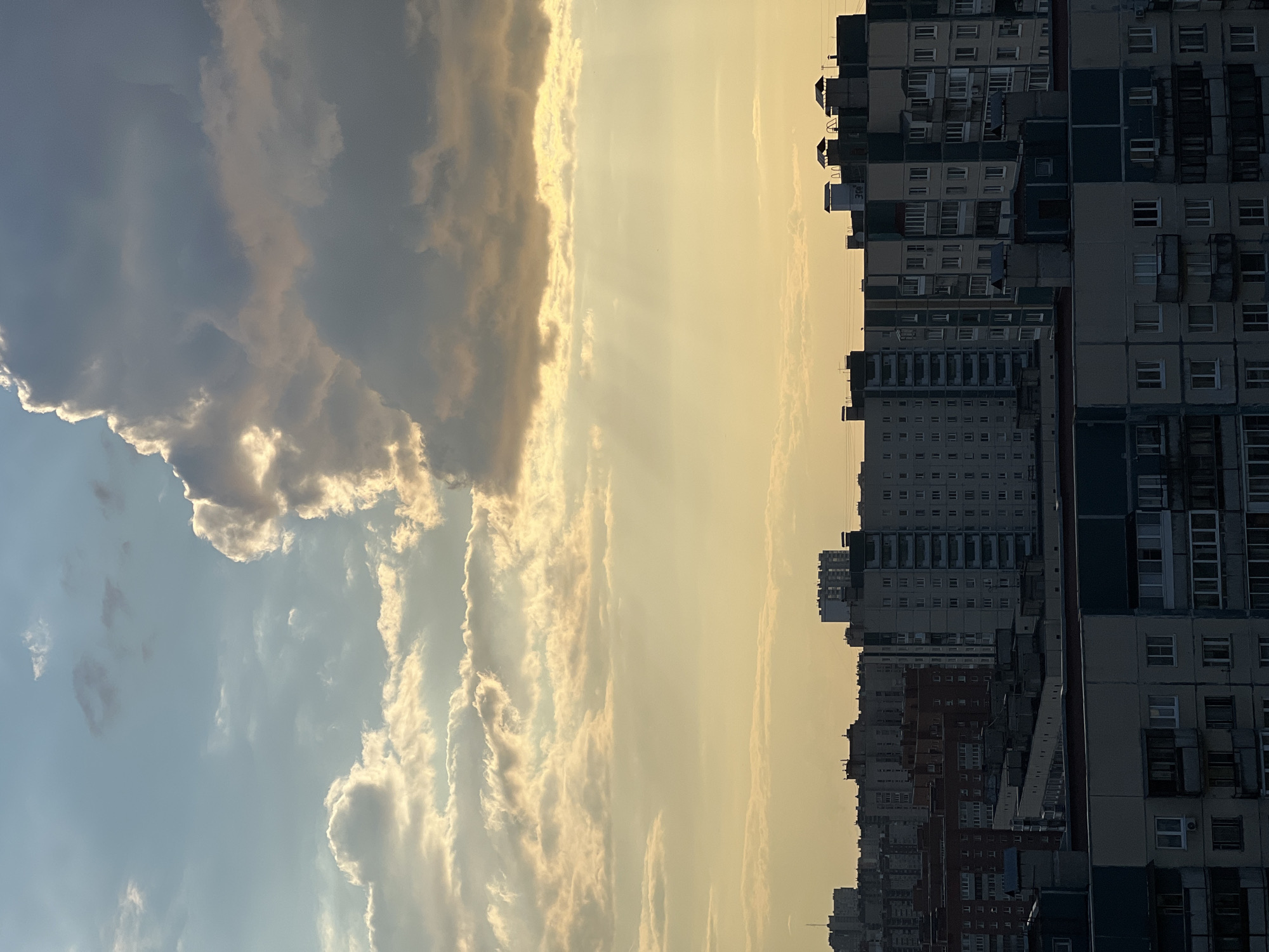The image shows an urban scene, possibly taken from a high vantage point in Saint Petersburg, Russia. Tall, dense apartment buildings occupy the right side of the frame, suggesting a residential district. The buildings are multi-story, with rows of windows. The color palette is muted, with a combination of gray and beige tones.
The left side of the frame is dominated by a sky with clouds, some dark and some illuminated by sunlight. The light suggests it is either dawn or dusk. The sky adds a sense of depth and contrast to the urban landscape. The image does not depict people, actions, or interactions.