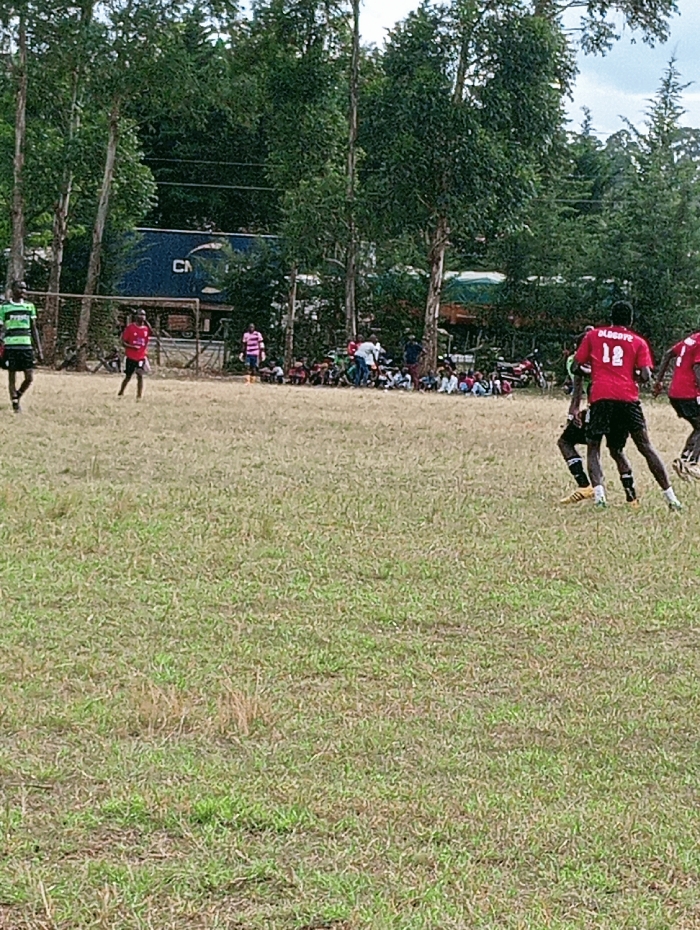 The scene depicts an outdoor football match or practice session in Lwandeti ward, Kenya. The foreground and mid-ground are dominated by a sparsely green grass field, showing areas of dry vegetation.
On the field, at least seven adult male individuals are visible, engaged in play. In the immediate right mid-ground, two players wear matching red jerseys with black shorts; one player wears jersey number "12" with "DAGOVE" printed on the back. Both are equipped with soccer cleats and appear in motion. To the left mid-ground, another player wears a green and black striped jersey with black shorts, moving away from the viewer. A fourth player in a red jersey and black shorts stands near a metal goal frame on the far left of the field. A fifth player in a pink and white striped jersey is positioned centrally in the mid-ground.
Along the far edge of the field, beneath a dense line of tall, leafy green trees, a group of approximately 20-30 spectators is seated or standing, observing the activity. This group includes both adults and children, with some children discernible in light-colored attire.
In the background, behind the trees and spectators, several objects are visible. A large blue shipping container, partially obscured by foliage, displays the letters "CN" on its side. Adjacent to it, a light-colored vehicle or truck is partly visible, alongside a green tarp-like structure. At least two motorcycles are parked among the spectators in the mid-ground background. The sky is overcast.