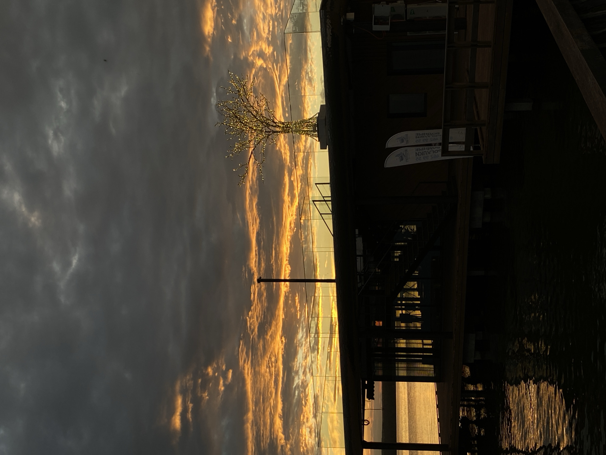 This image captures a sunset over a body of water, likely a river or lake, in Votkinsk, Russia. The sky is dramatic, with dark, moody clouds interspersed with vibrant streaks of orange and yellow from the setting sun. These colors are reflected on the surface of the water, creating a shimmering effect.
In the foreground, on the right side of the frame, is a dark, silhouetted structure that appears to be a building or pier with wooden elements. Part of the building has windows and a railing, suggesting it might be a viewing deck or waterfront establishment. Two white signs with text are affixed to the structure, but the text is small and reversed, making it difficult to read. They appear to be promotional or informational in nature.
To the left of the structure, a solitary, leafless tree is illuminated by a multitude of small, warm-toned lights, resembling fairy lights. This lighted tree stands out against the darkening sky and the muted colors of the sunset. There is also a faint silhouette of what looks like a bird in the upper left portion of the sky.
The overall mood is one of tranquil beauty, with the dramatic sunset colors contrasting with the dark, man-made structure. The time of day is clearly sunset, and the weather appears partly cloudy, with some dramatic cloud formations. The presence of the structure and the lighted tree suggest a developed waterfront area.