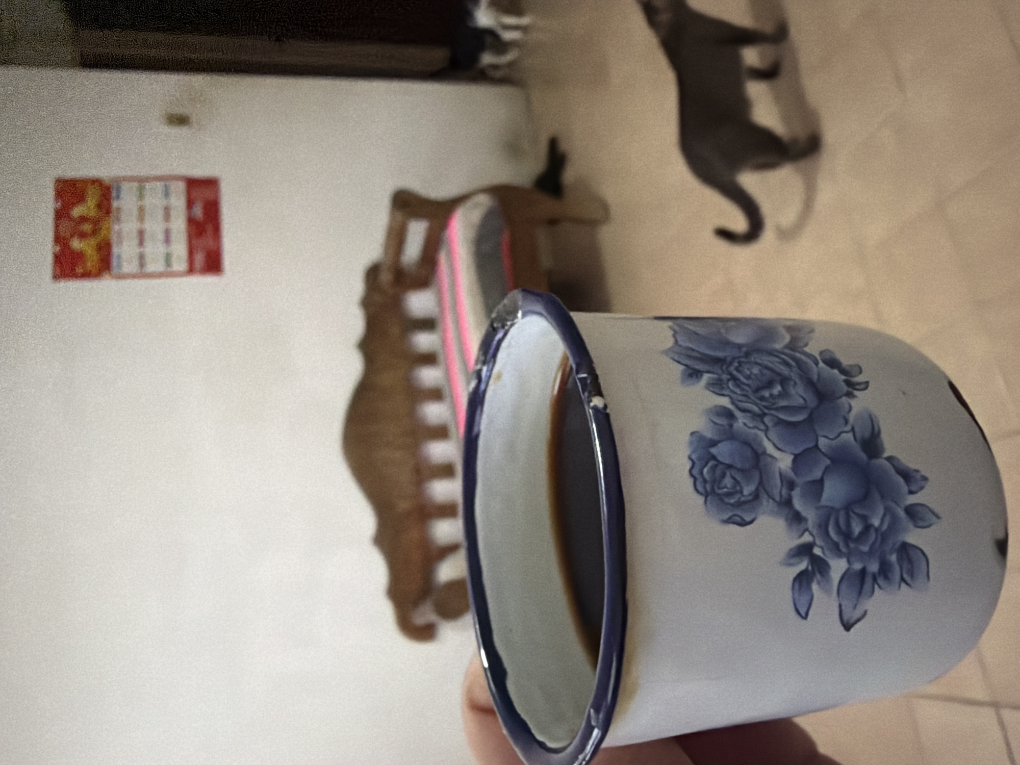 A close-up image shows a partially filled white enameled metal mug, decorated with blue floral designs, being held in someone's hand. The mug contains a dark liquid, likely coffee or tea. In the blurred background, a wall is visible with a small red and white calendar hanging on it. A wooden chair sits near the wall, and further back, a gray cat is seen walking on a beige tile floor. The location is possibly in a home within Ciudad Guayana, Venezuela, based on visual cues suggesting a domestic setting and the mug's common usage.