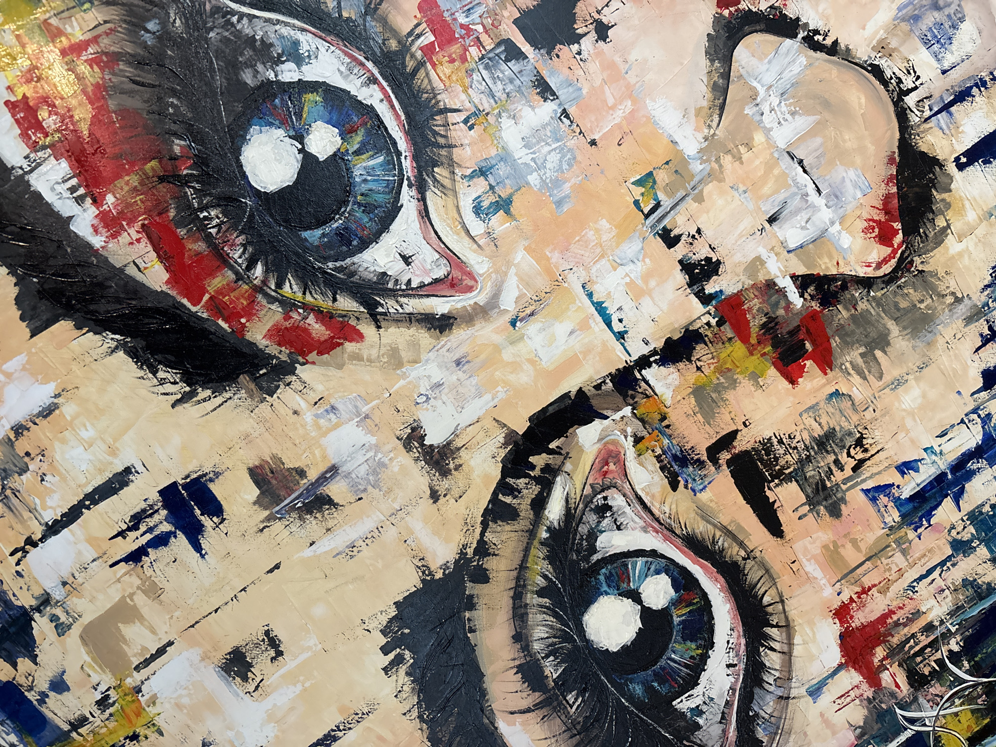 The image is an abstract painting depicting two eyes. The eyes have blue irises with white highlights, and are surrounded by thick black lines suggesting eyelashes and eye makeup. The skin around the eyes is rendered in a palette of tan, beige, white, and black brushstrokes. Red and blue paint are visible throughout the abstract background. The painting features a variety of brushstrokes, from smooth and blended to thick and textured. The scene is in the city of Unknown, Unknown.