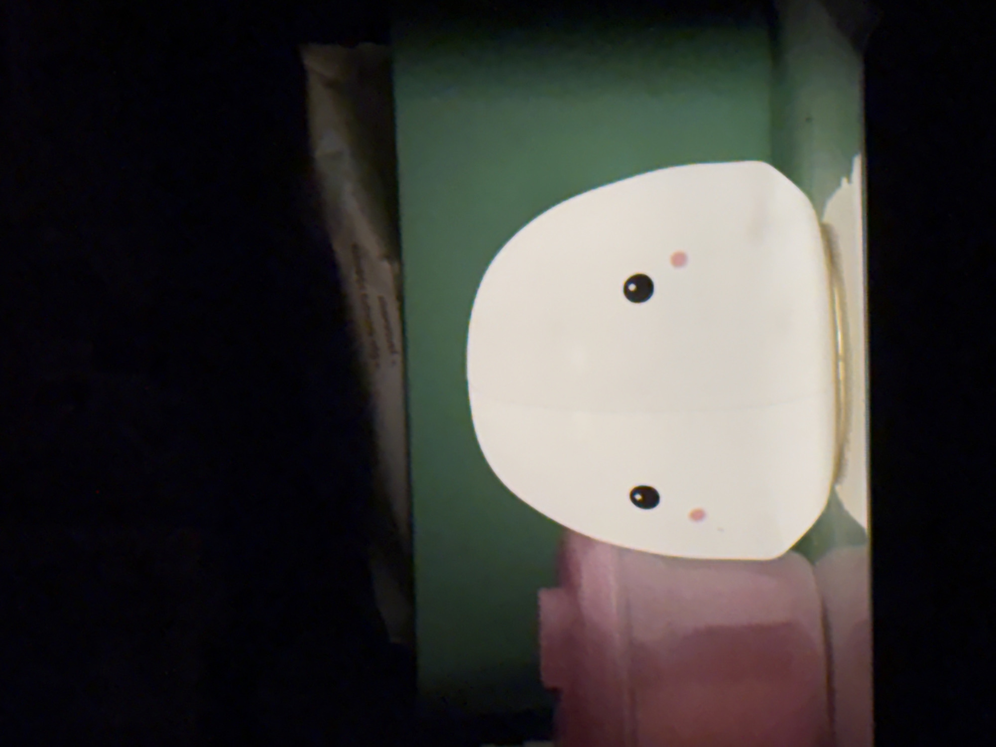 A white, egg-shaped night light with a cartoon face, consisting of two black dots for eyes and two small pink circles for cheeks, sits on a reflective surface. Behind it, a dark green rectangular object is visible, and behind that, a light-colored object with text, possibly a package, is sloped. To the left of the night light, a pink cylindrical object is partially visible. The background is dark, suggesting a dimly lit room or nighttime setting. The location is Sovkhoza "Razdol'e", Russia.