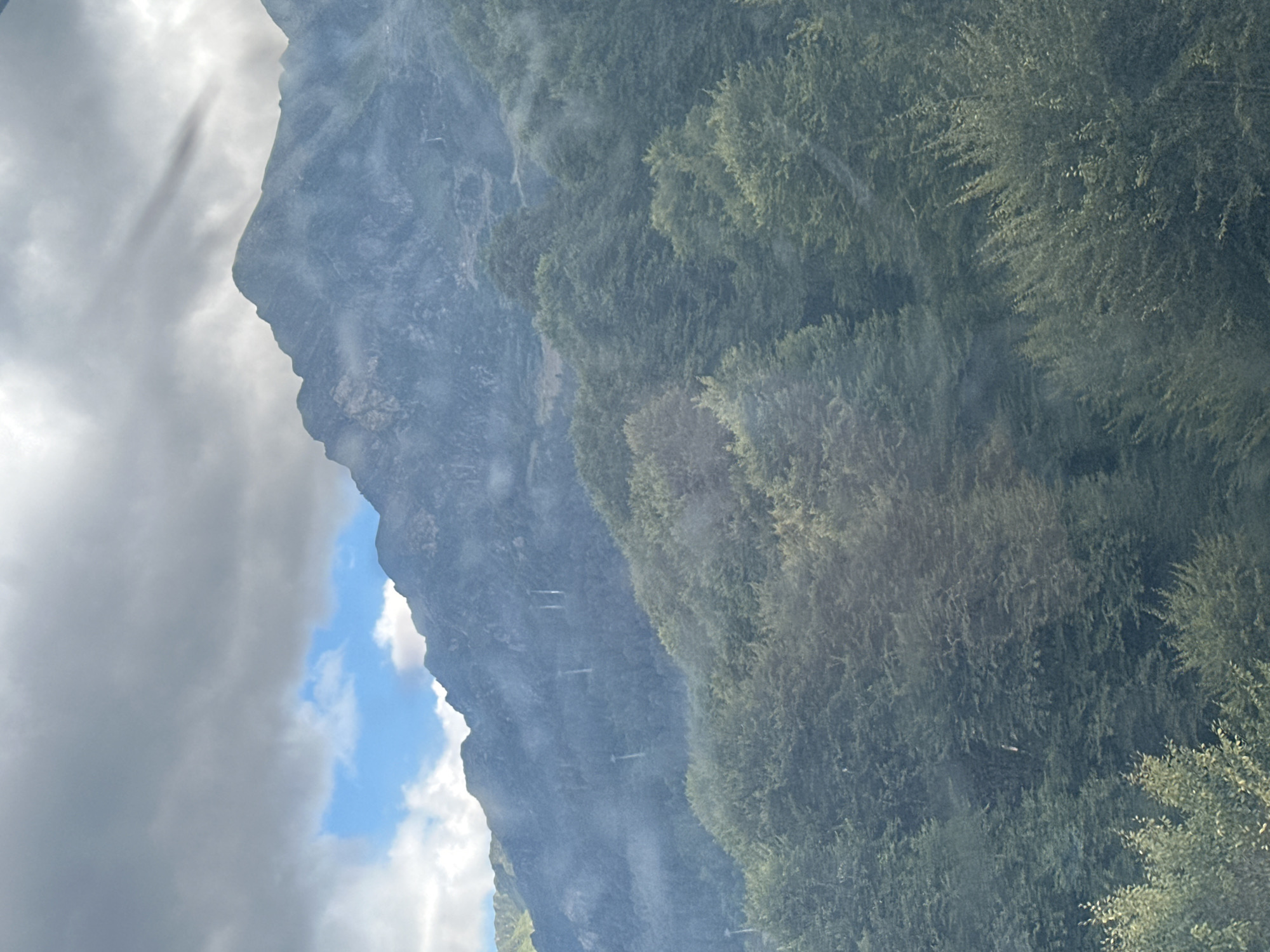 The image shows a mountainous landscape with a forest in the foreground and a cloudy sky. The mountains appear to be covered in fog or mist, with several vertical lines visible on their slopes, possibly representing waterfalls or thin streams. The forest consists of dense, green trees. The sky is a mix of dark gray clouds and patches of blue sky. The scene is a natural, outdoor environment.