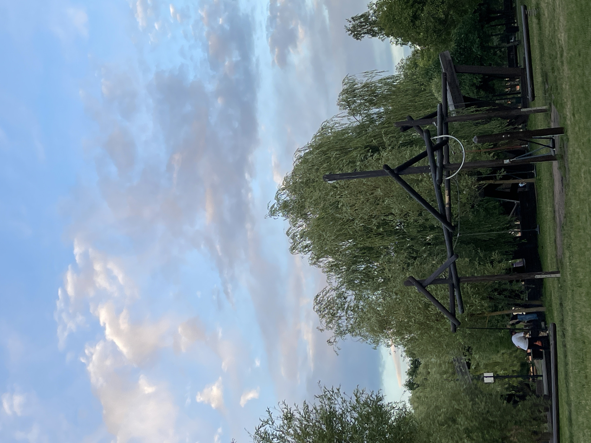 The image shows a park-like setting with a wooden structure that appears to be part of an outdoor activity or playground. The sky is partly cloudy, with soft white and grey clouds against a pale blue background, suggesting it is either early morning or late afternoon. Lush green trees with long, drooping branches, possibly willow trees, frame the scene.
In the mid-ground, a person wearing a white t-shirt and dark pants is visible, appearing to interact with the wooden structure. The structure itself is made of dark wood beams, with some metal elements like a hoop and wires. It is situated on a grassy area. The overall atmosphere seems peaceful and relaxed. The location context provided is Moscow, Russia, which would place this scene in an urban park or recreational area. No visible text is present in the image.