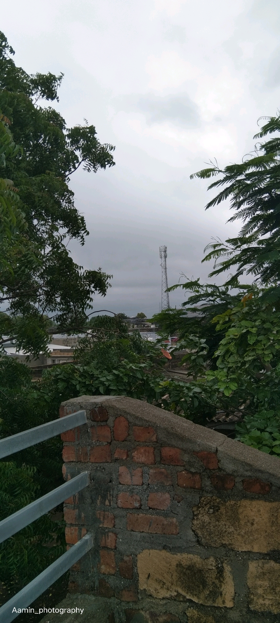 The image depicts a telecommunication tower against a cloudy sky, framed by lush green foliage. In the foreground, a section of a brick wall with a concrete cap and metal railings suggests a rooftop or balcony. The background reveals a sparse urban landscape with buildings and more trees. The presence of the telecommunication tower indicates a connection to modern infrastructure within the city. The overall atmosphere is somber, possibly due to the overcast weather. The watermark "Aamin_photography" at the bottom left suggests the photographer's identity. The scene is likely set in Lalpur, India, based on the provided context.
