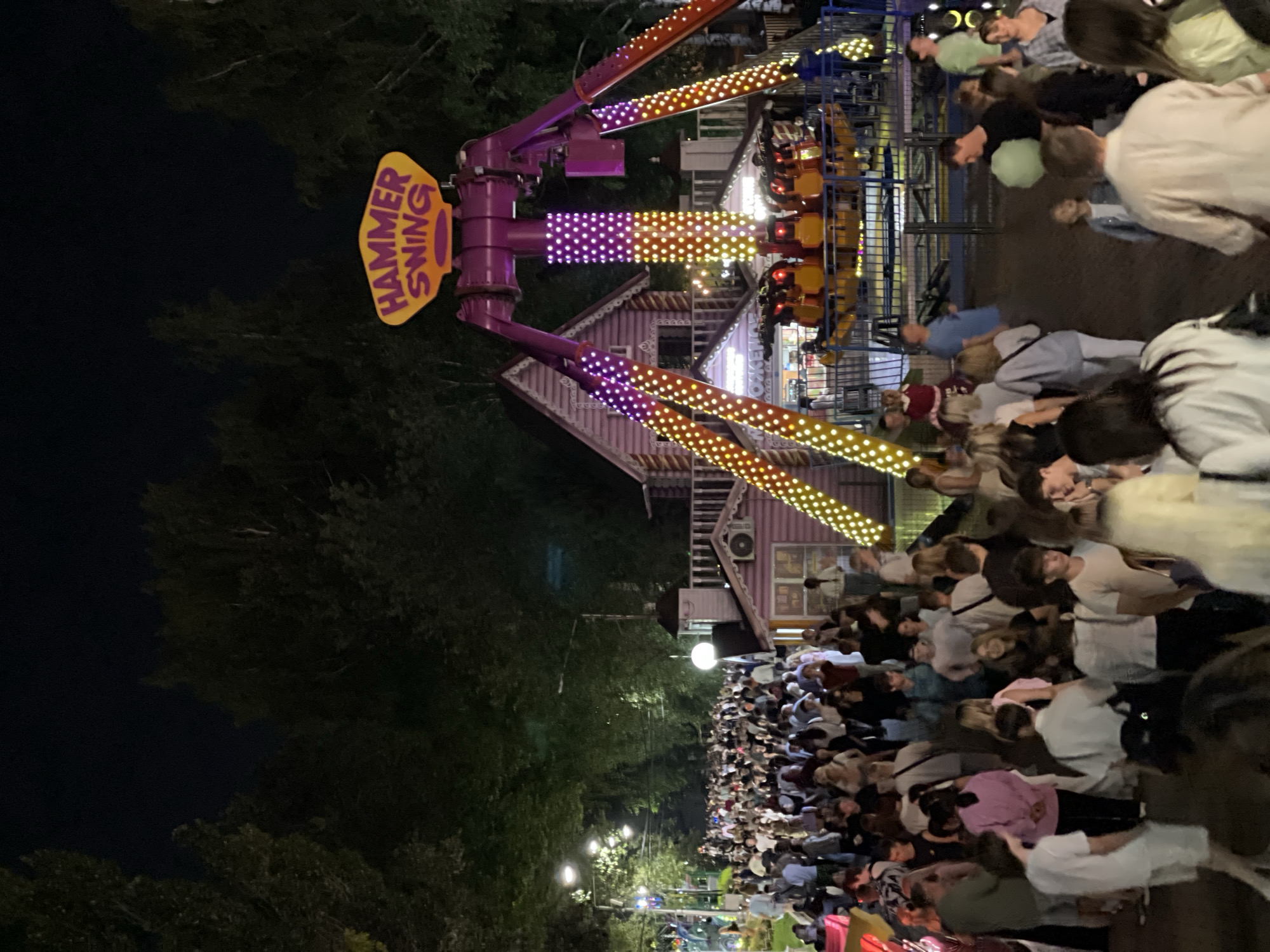 This is a nighttime photograph taken at an amusement park in Izhevsk, Russia. The main subject is a large amusement ride, labeled "HAMMER SWING," which is brightly lit with purple and yellow lights. The ride has multiple arms extending from a central tower, each with seats for riders.
In the foreground and extending into the background, there is a large crowd of people walking around and spectating. Many of the people appear to be young adults. The park is decorated with traditional Russian-style wooden buildings, also illuminated by lights. Trees line the pathways and the perimeter of the park, and streetlights are visible in the distance. The overall atmosphere suggests a lively evening at a fair or amusement ground.