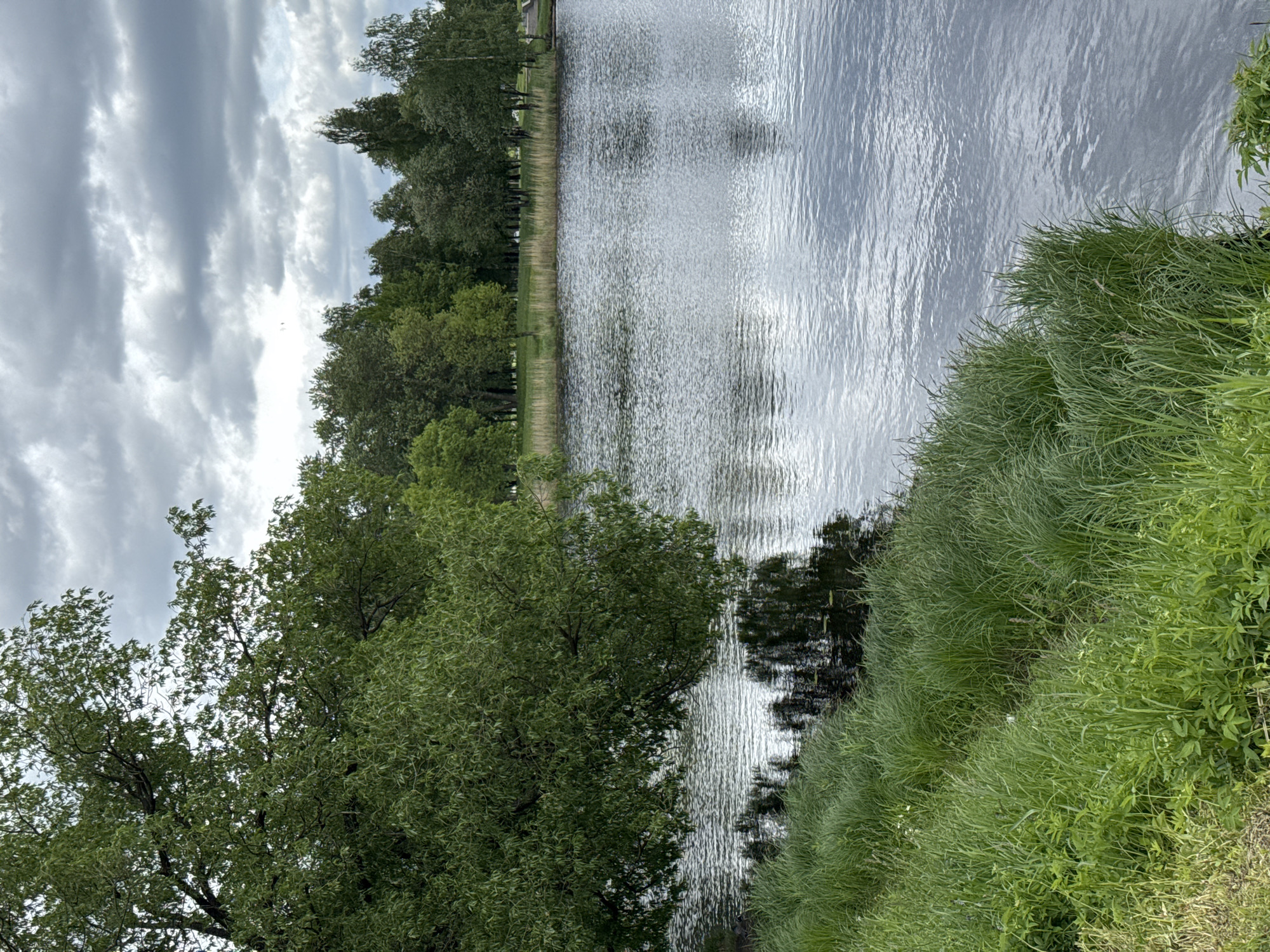The image depicts a canal in Saint Petersburg, Russia, under a cloudy sky. The canal water surface reflects the sky. Lush green grass and trees line the banks of the canal.